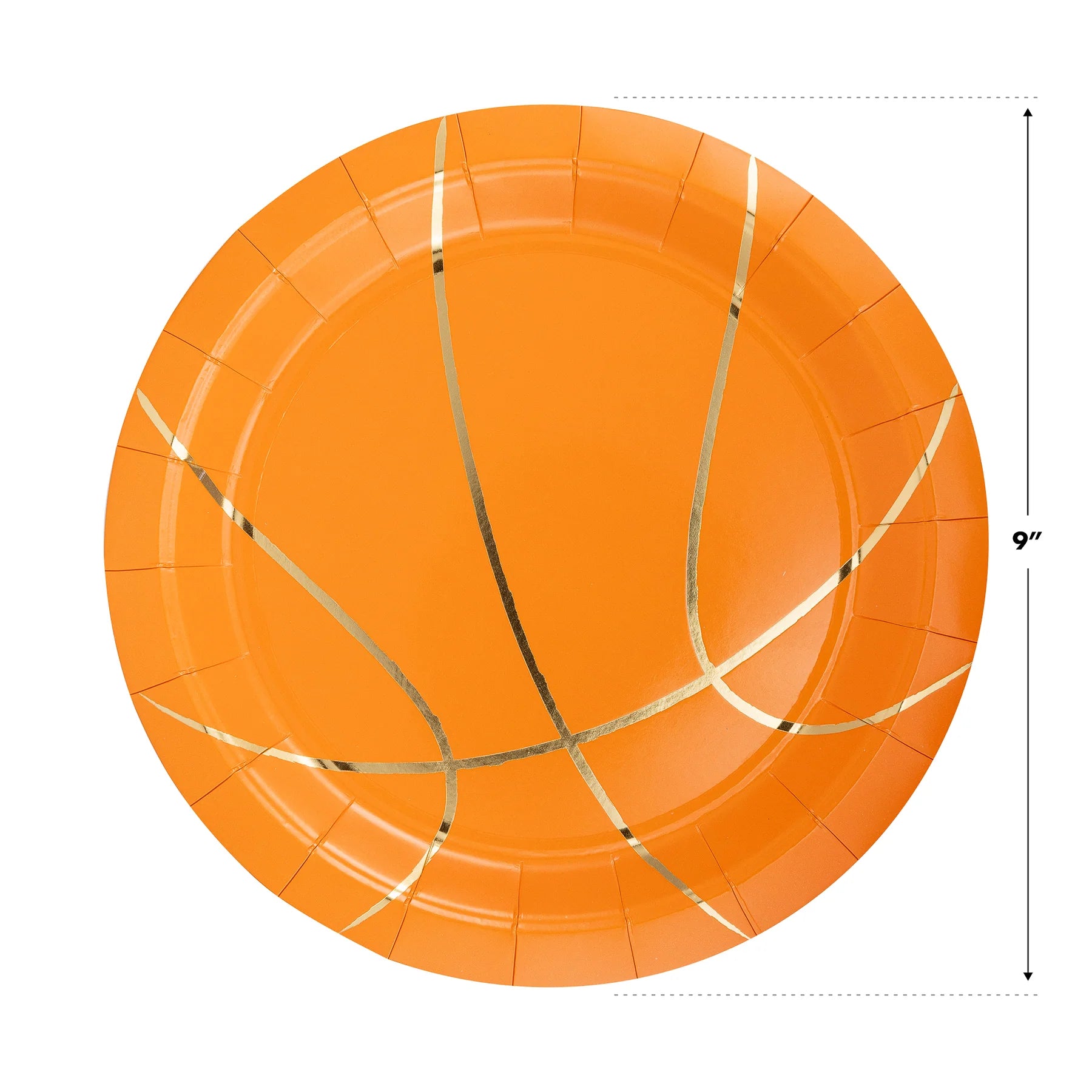 Single 9-inch basketball plate with gold lines—sturdy paper plates.
