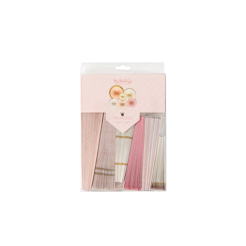 Front of Princess Party Fans package showing folded blush and cream rosettes through clear plastic window.