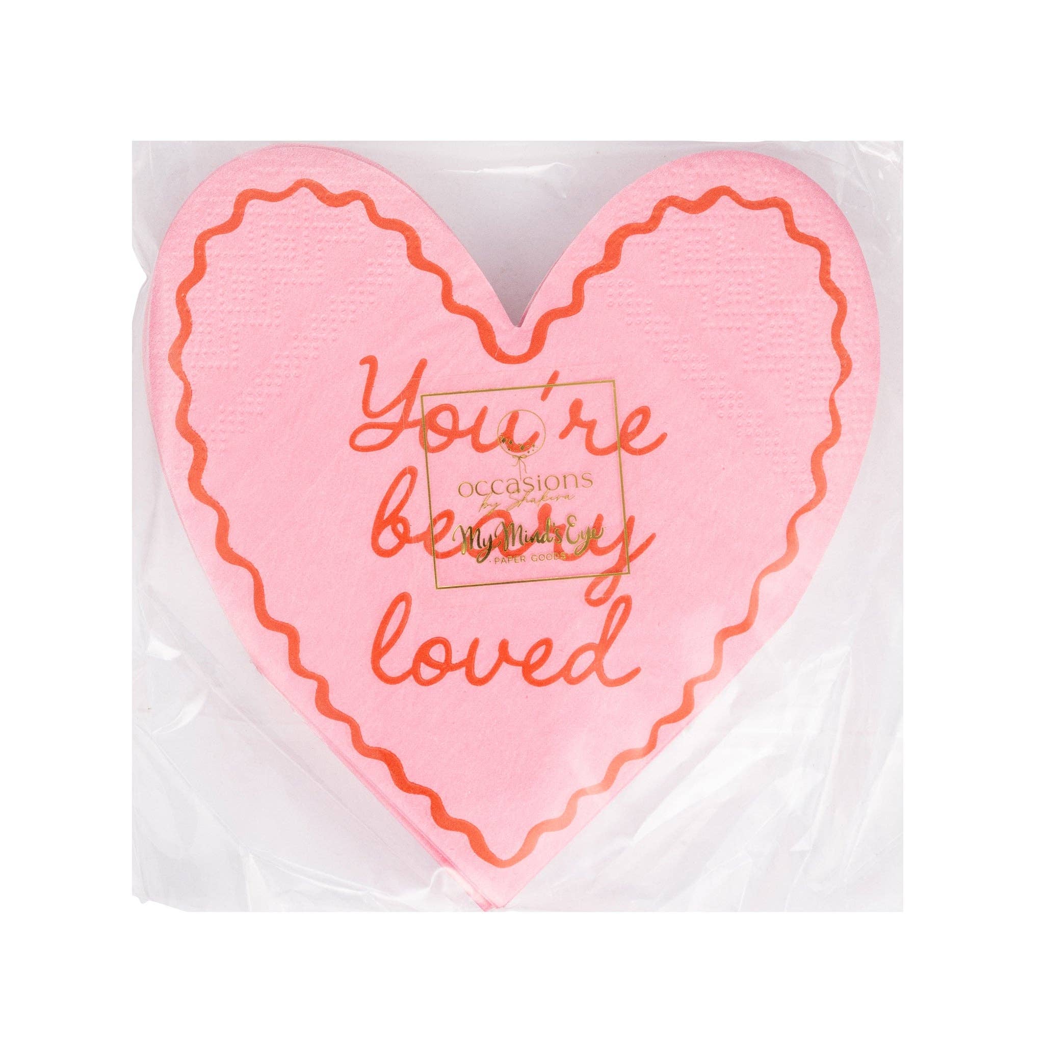 Packaged Beary Loved heart shaped cocktail napkins front view