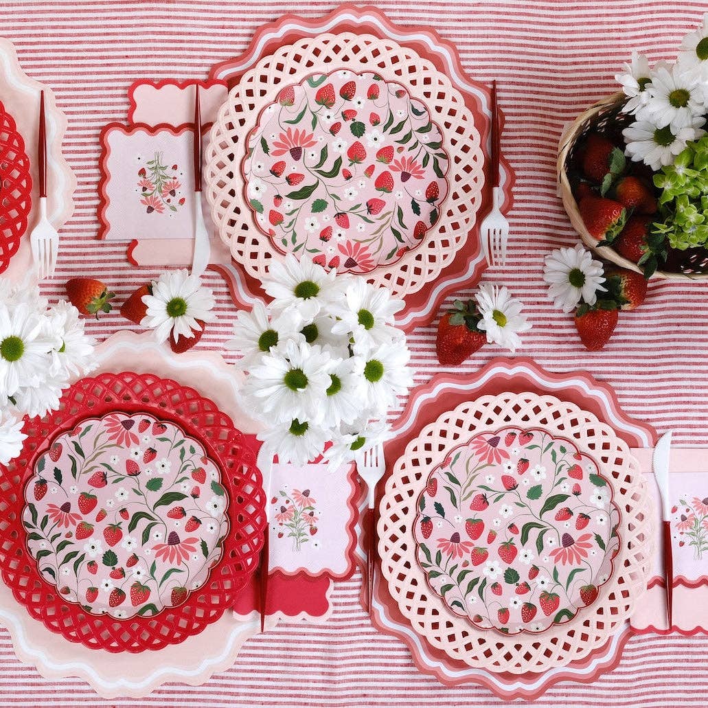 Overhead view of a full Cottagecore table setup featuring Strawberry Cocktail Napkins and plates.