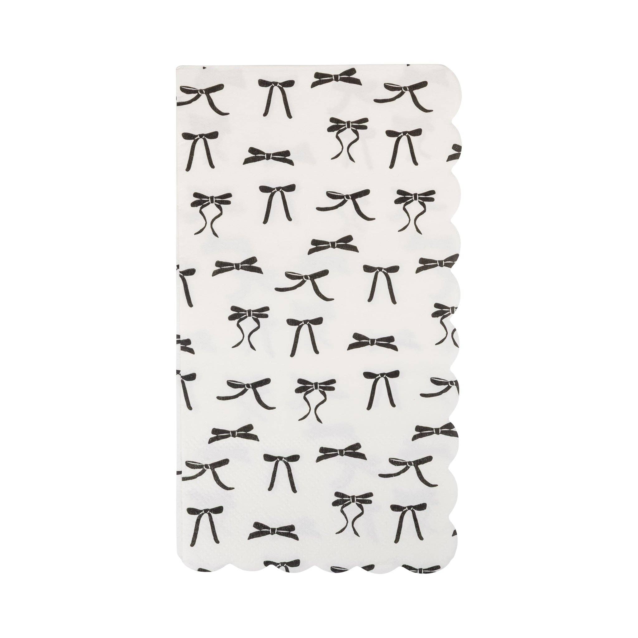 Black Bow Guest Napkin Single — White guest napkin with black bow pattern and scalloped edge, studio image.