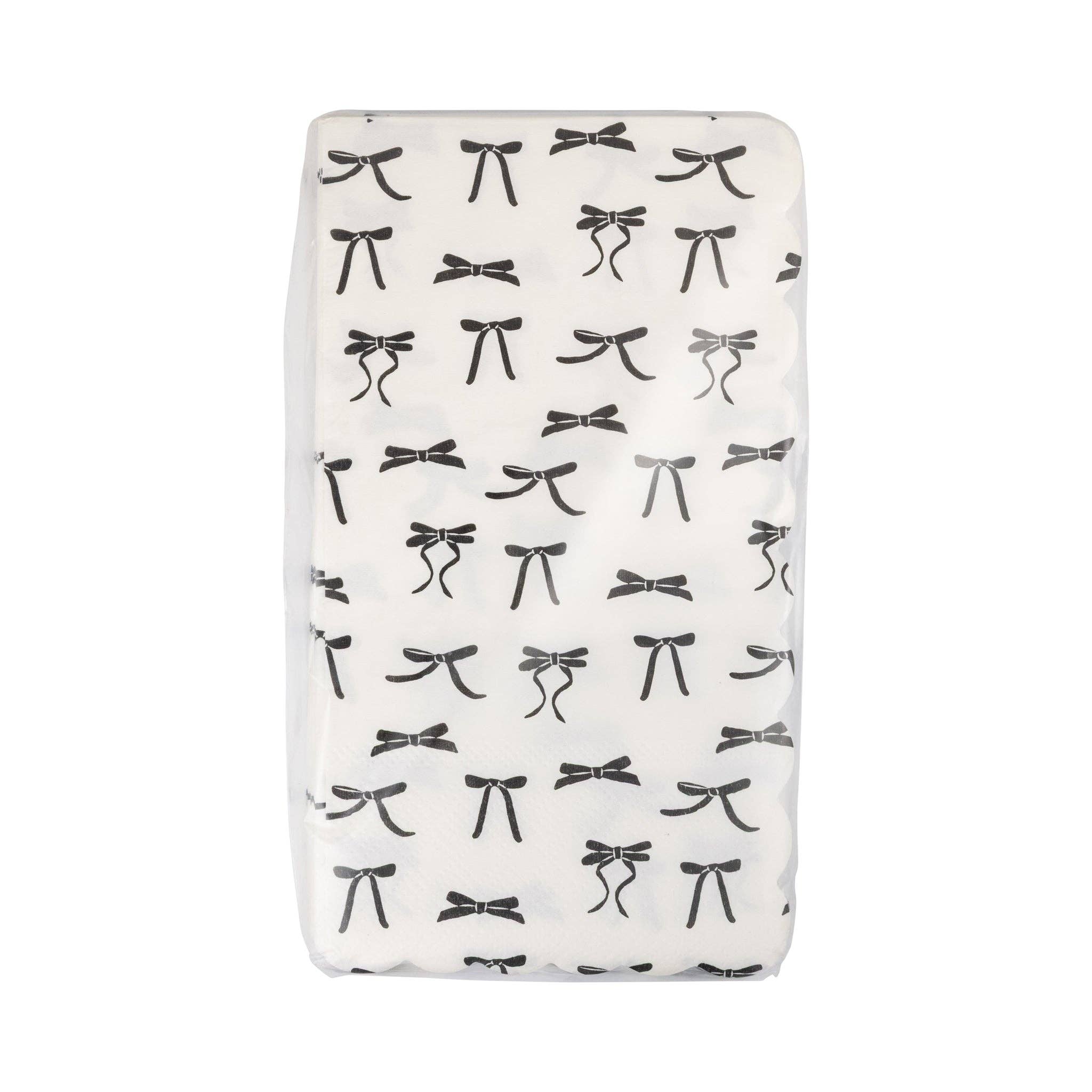 Black Bow Guest Napkin Stack Wrapped in Plastic — Stack of black bow printed paper guest towels packaged together.