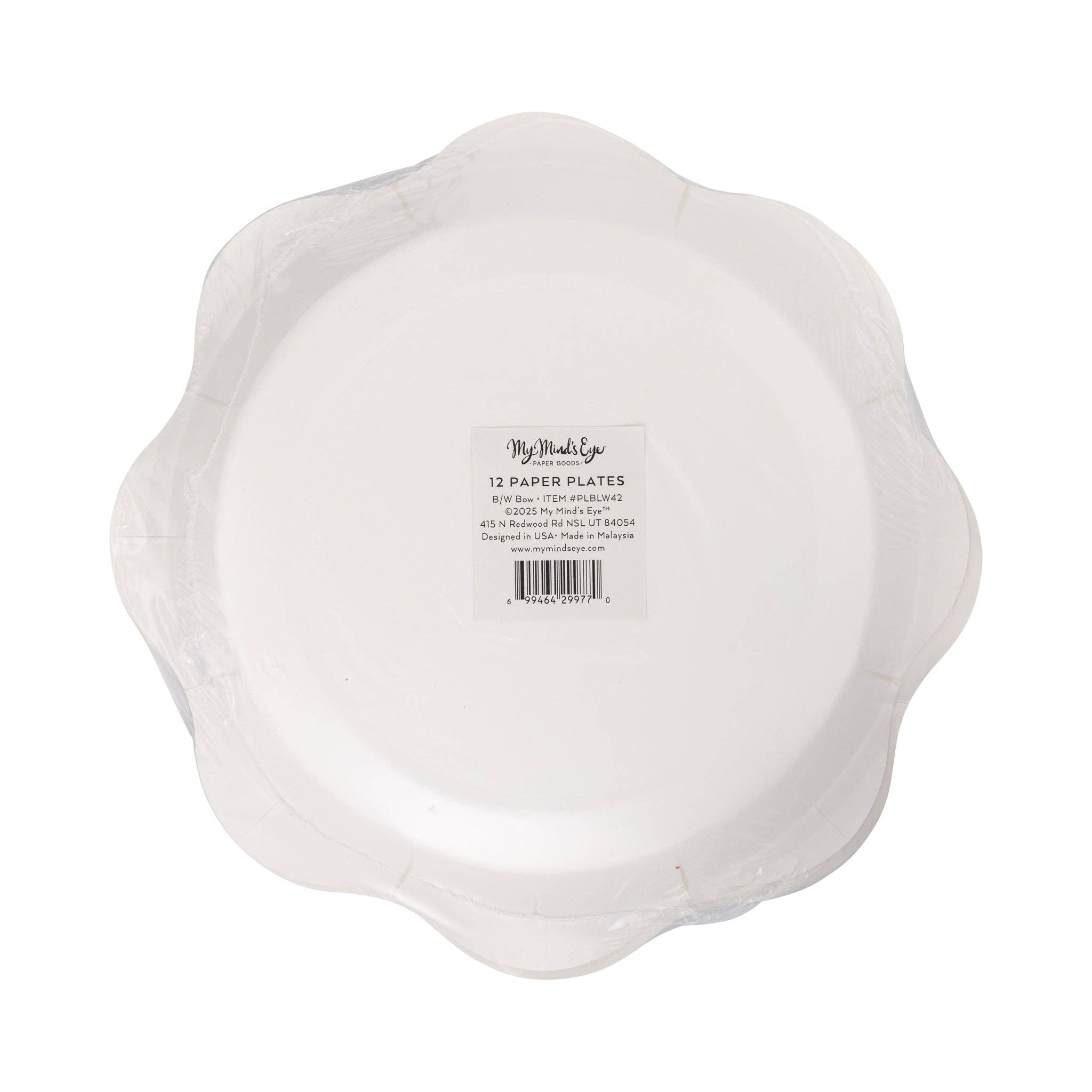 Back packaging of black bow scalloped paper plates with product label