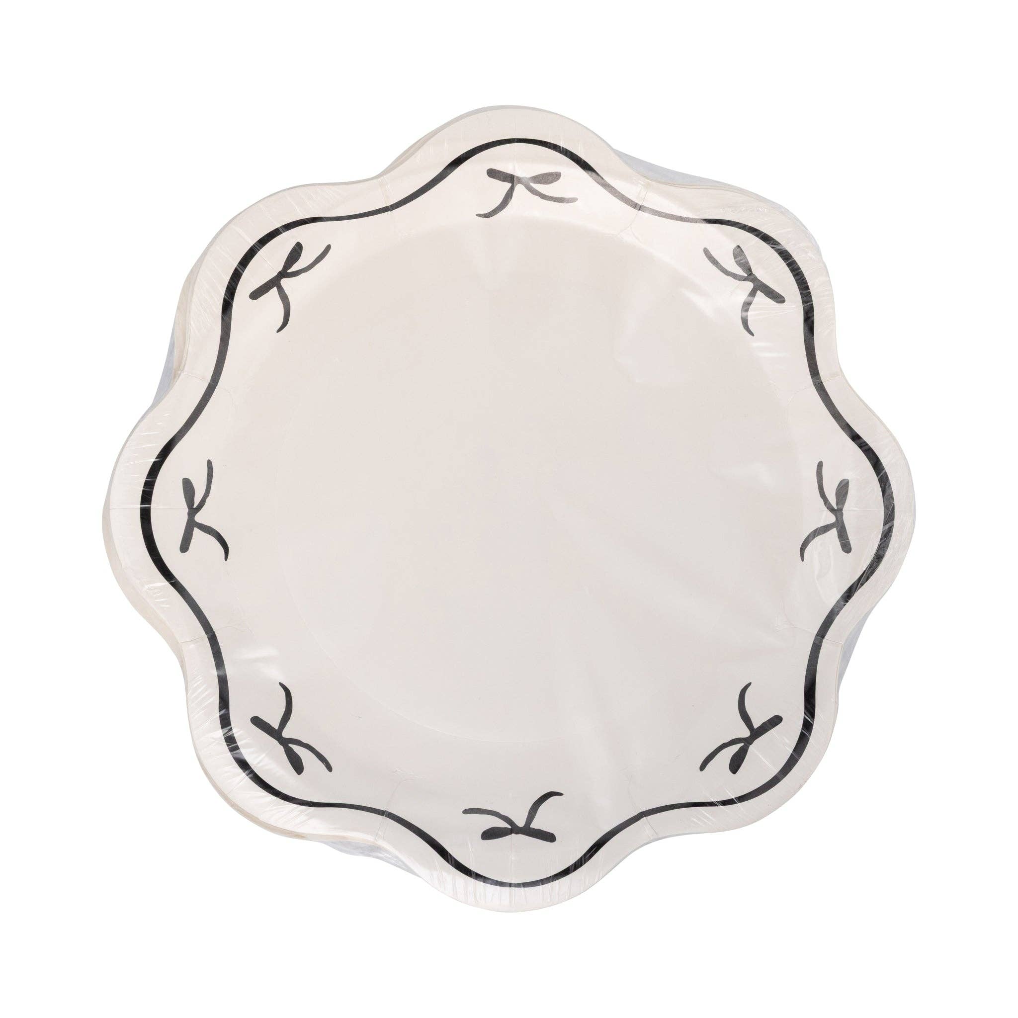 Black bow scalloped paper plates packaged in clear wrap front view