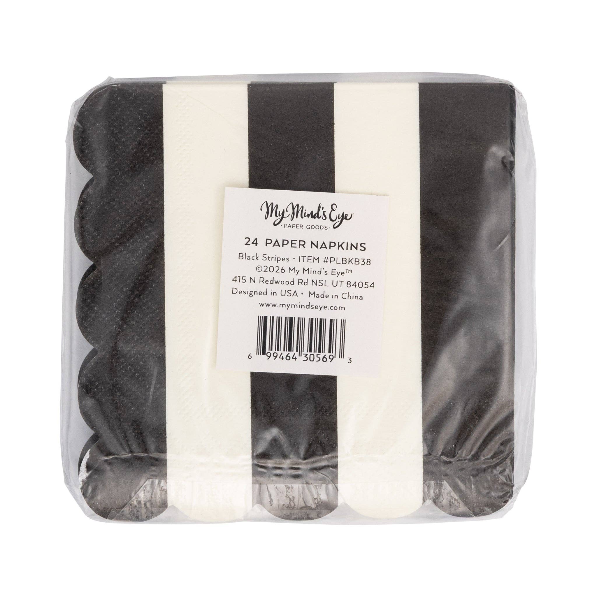 Back view of black and white striped scalloped cocktail napkins in clear retail packaging showing My Mind's Eye label