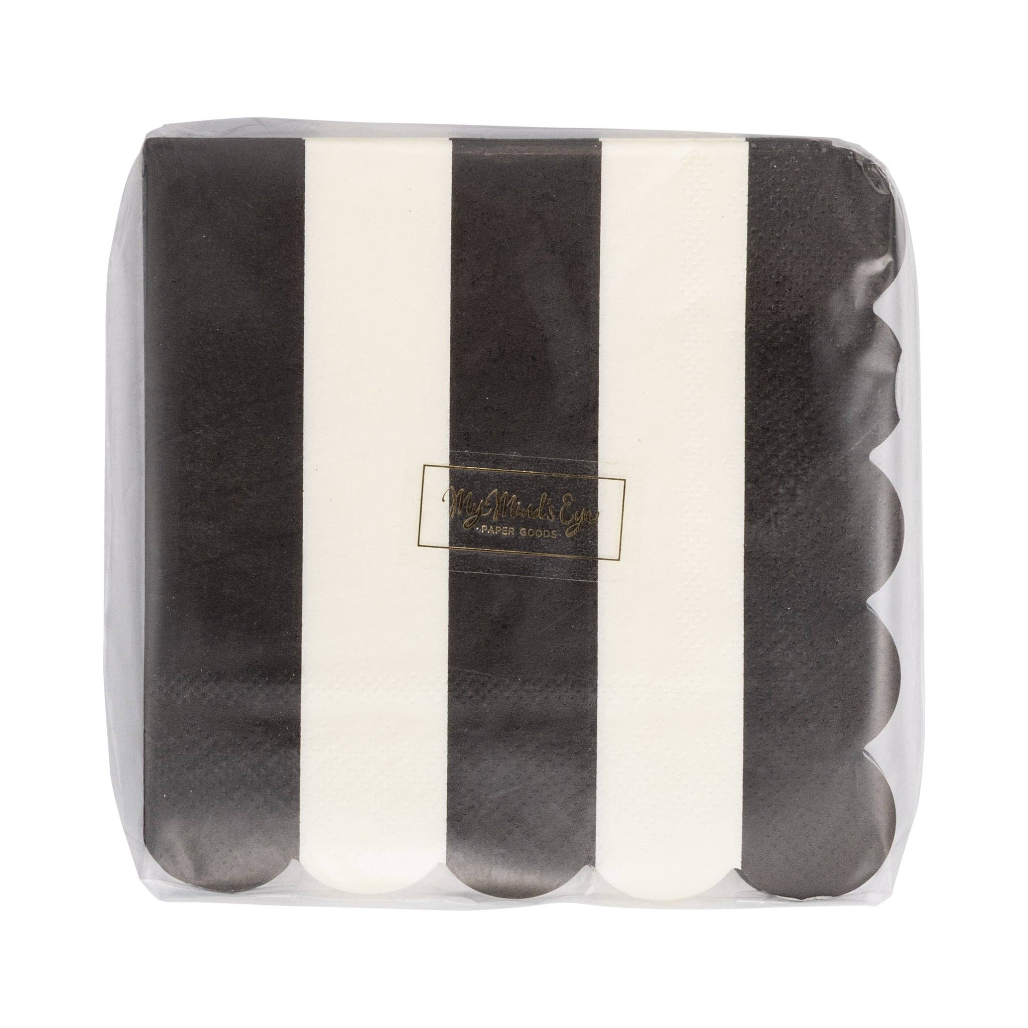 Front of My Mind's Eye black and cream striped cocktail napkins 24ct in clear retail packaging on white background