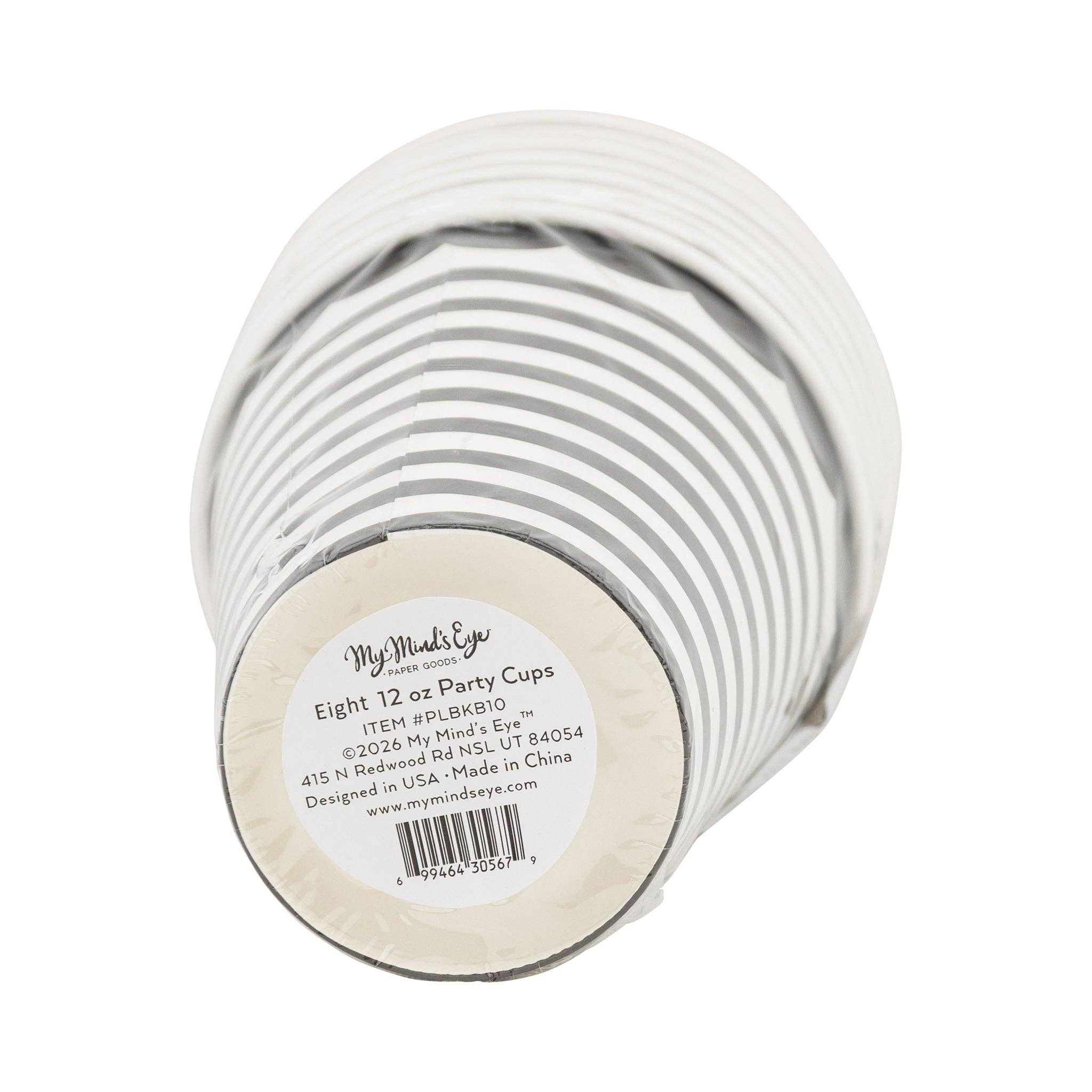 Bottom of black and white striped paper cup showing 12 oz product label on white background
