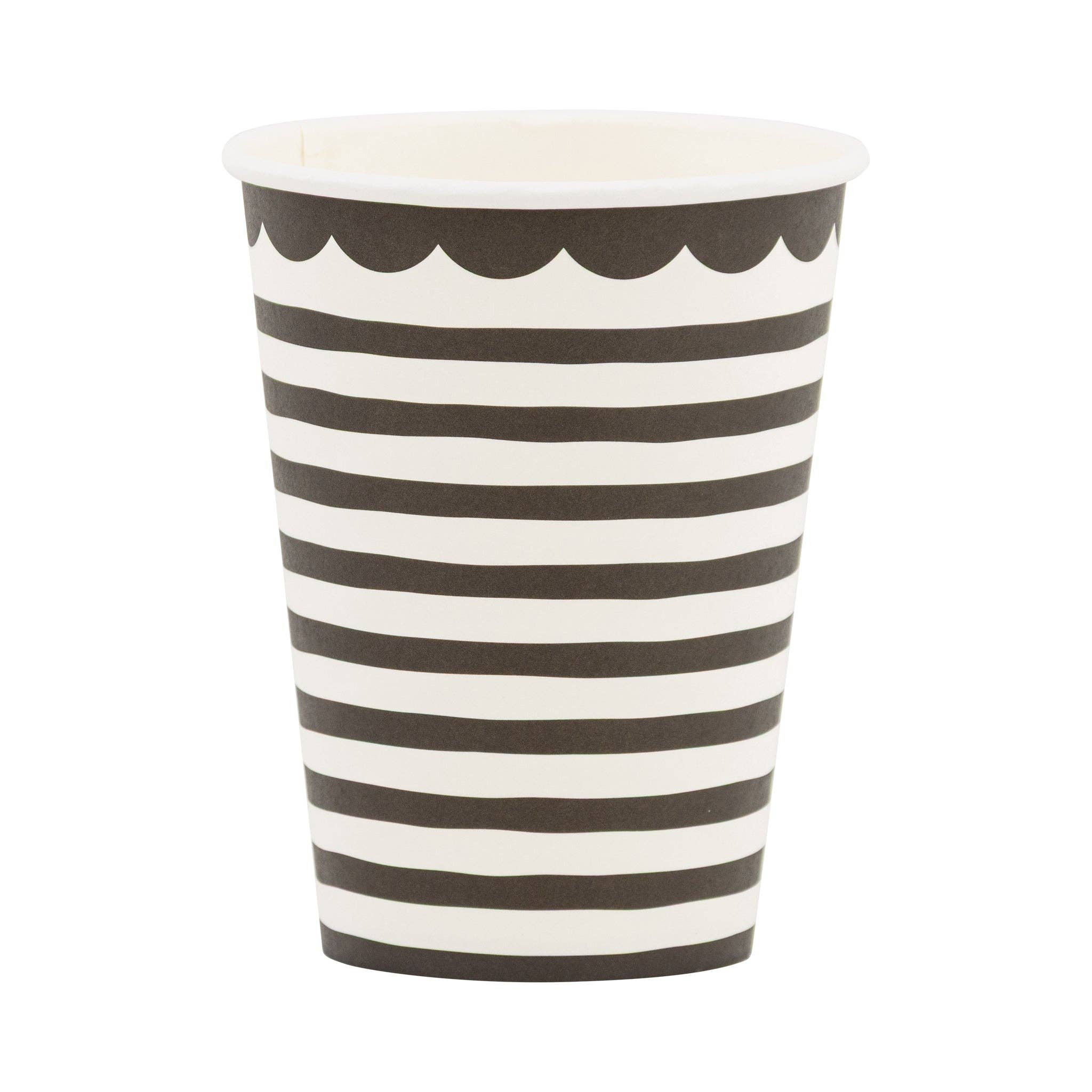 Single black and white striped paper cup showing horizontal stripe pattern and black scalloped rim detail on white background