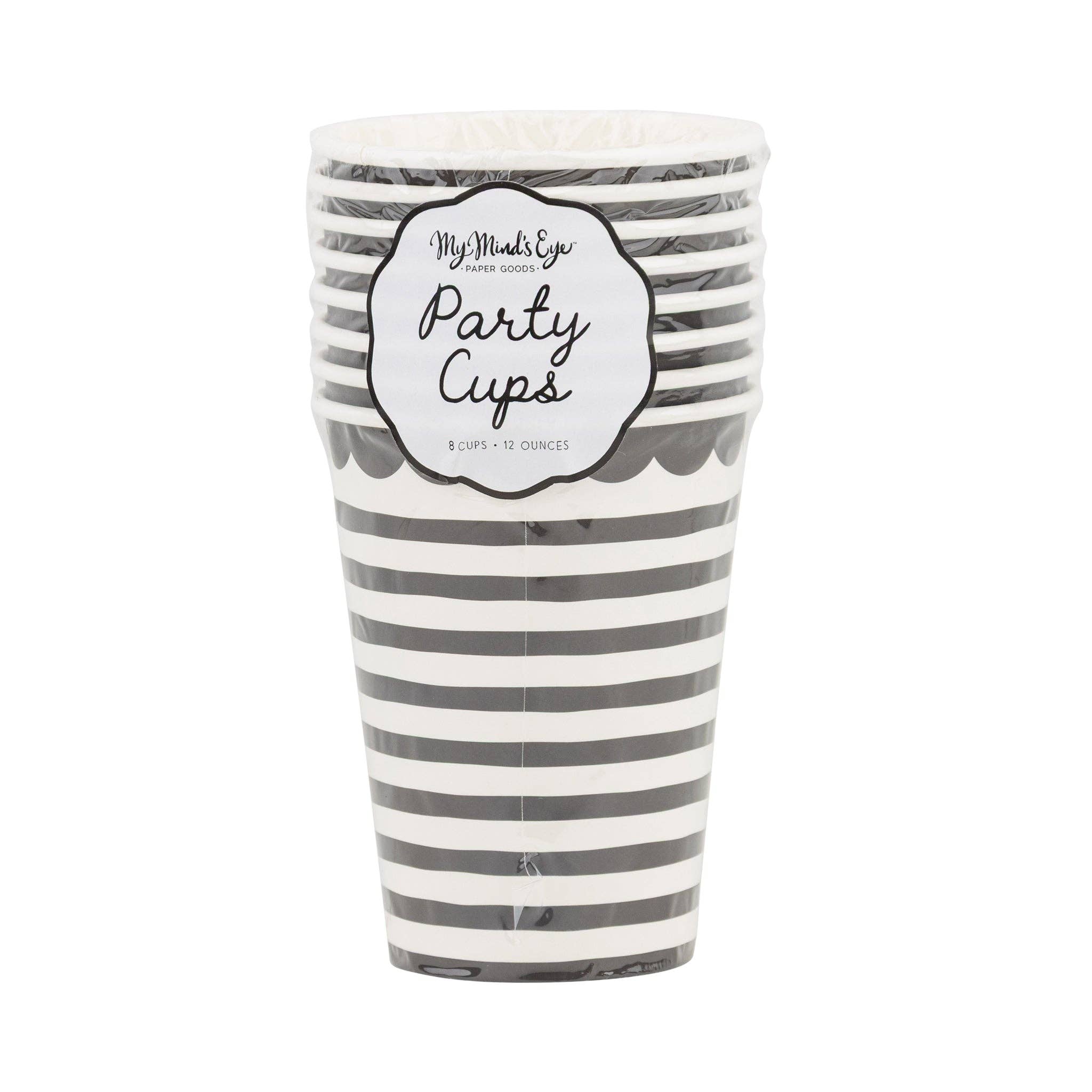 Black and white striped paper party cups stacked in retail packaging showing stripe pattern and scalloped rim detail