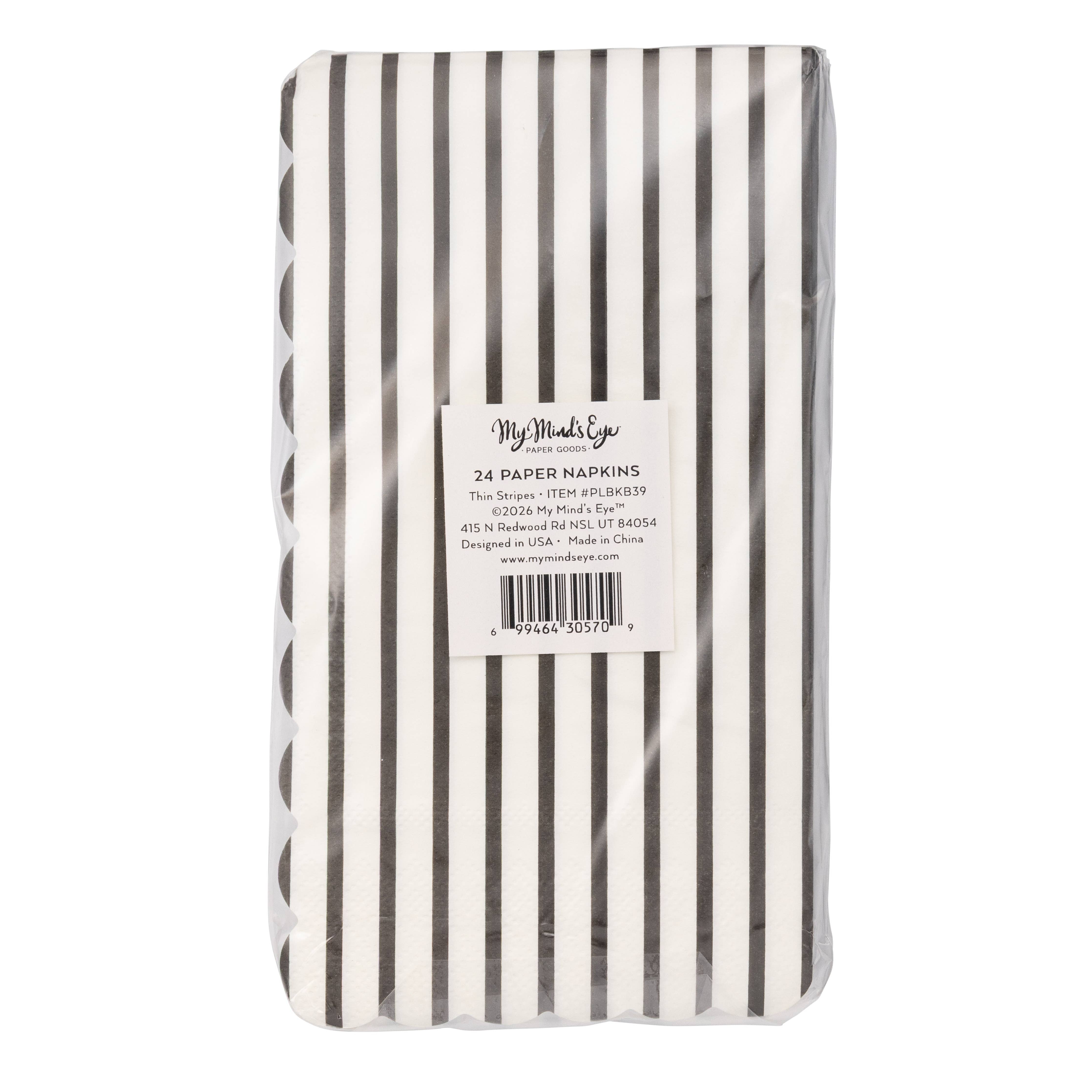Back of My Mind's Eye black and white thin striped paper guest towels 24ct in clear retail packaging with product label on white background
