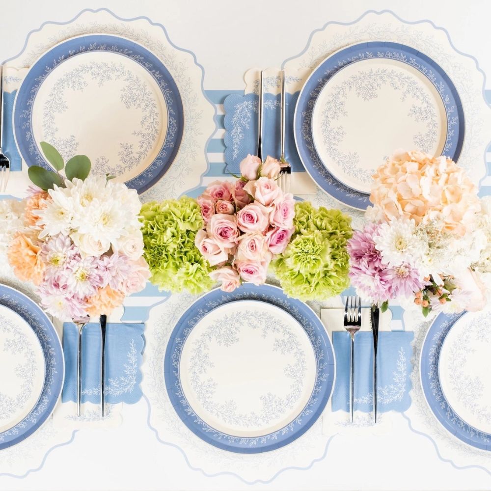 blue botanical napkins garden table setup
