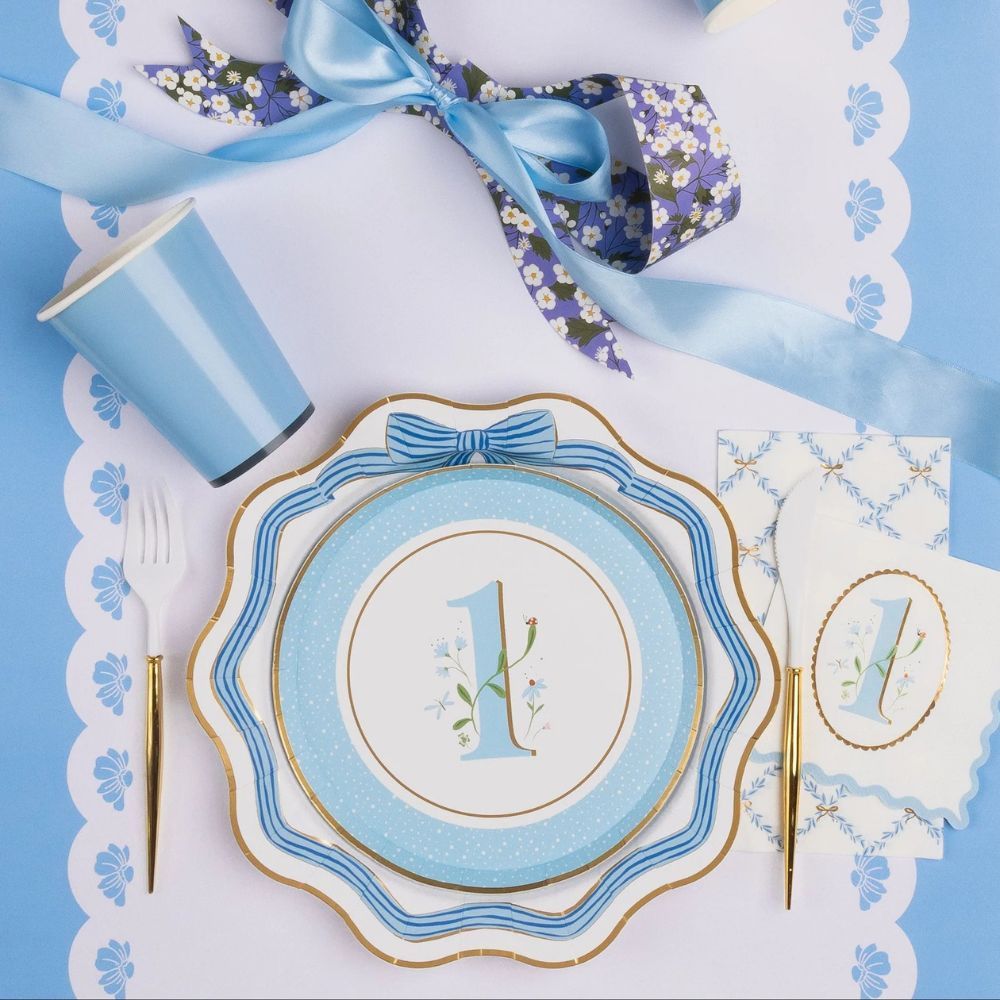 Blue bow dinner plate layered with matching small plate