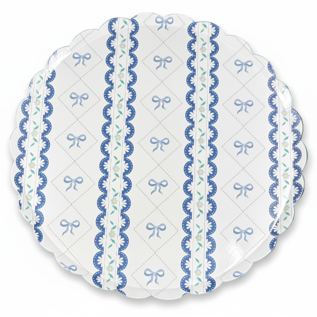 Single 10-inch paper dinner plate with blue bow lattice and scalloped edge
