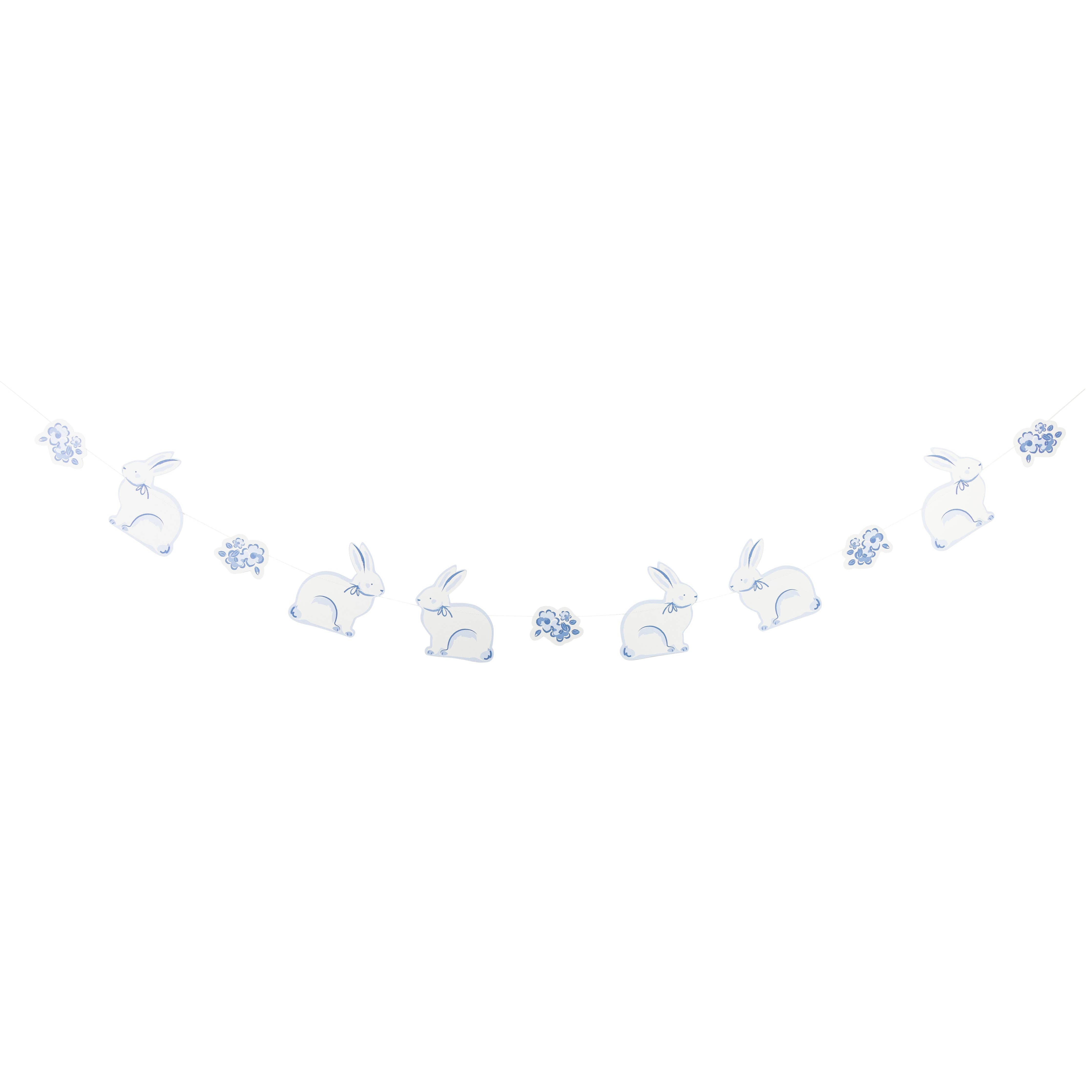 Blue bunny Easter banner with six bunny cutouts and floral accents on a string.