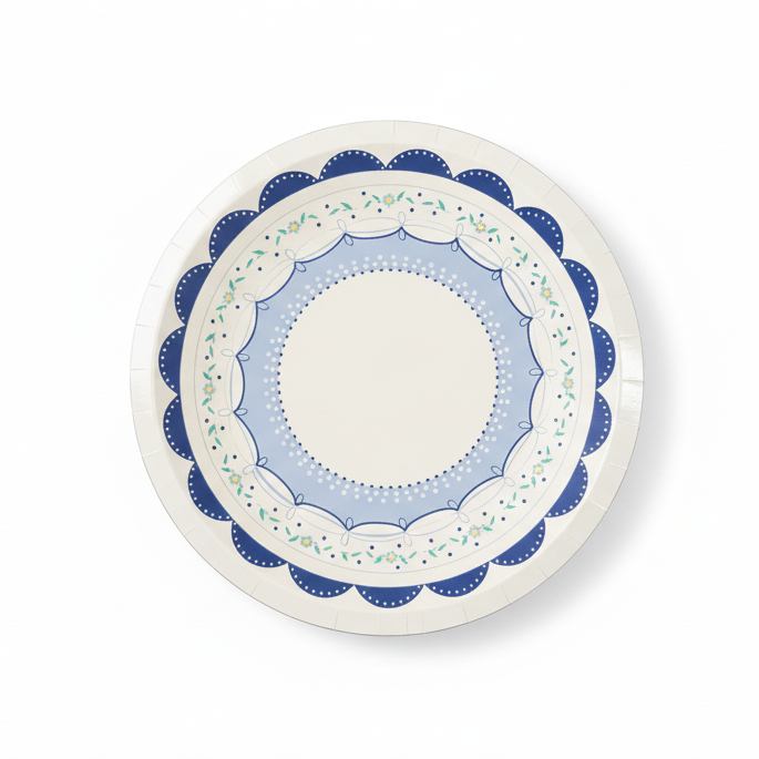 Single 8-inch paper dessert plate with a blue lace border and floral accents