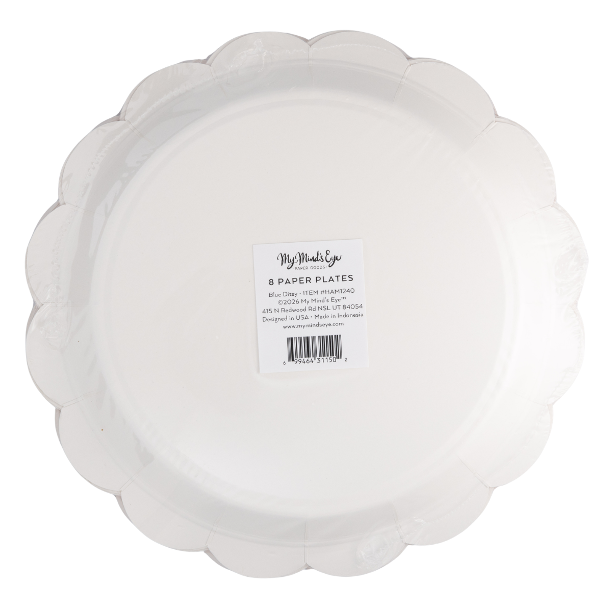 Back of blue ditsy floral scalloped paper plate showing cream base and product label — 8 count, 9" size