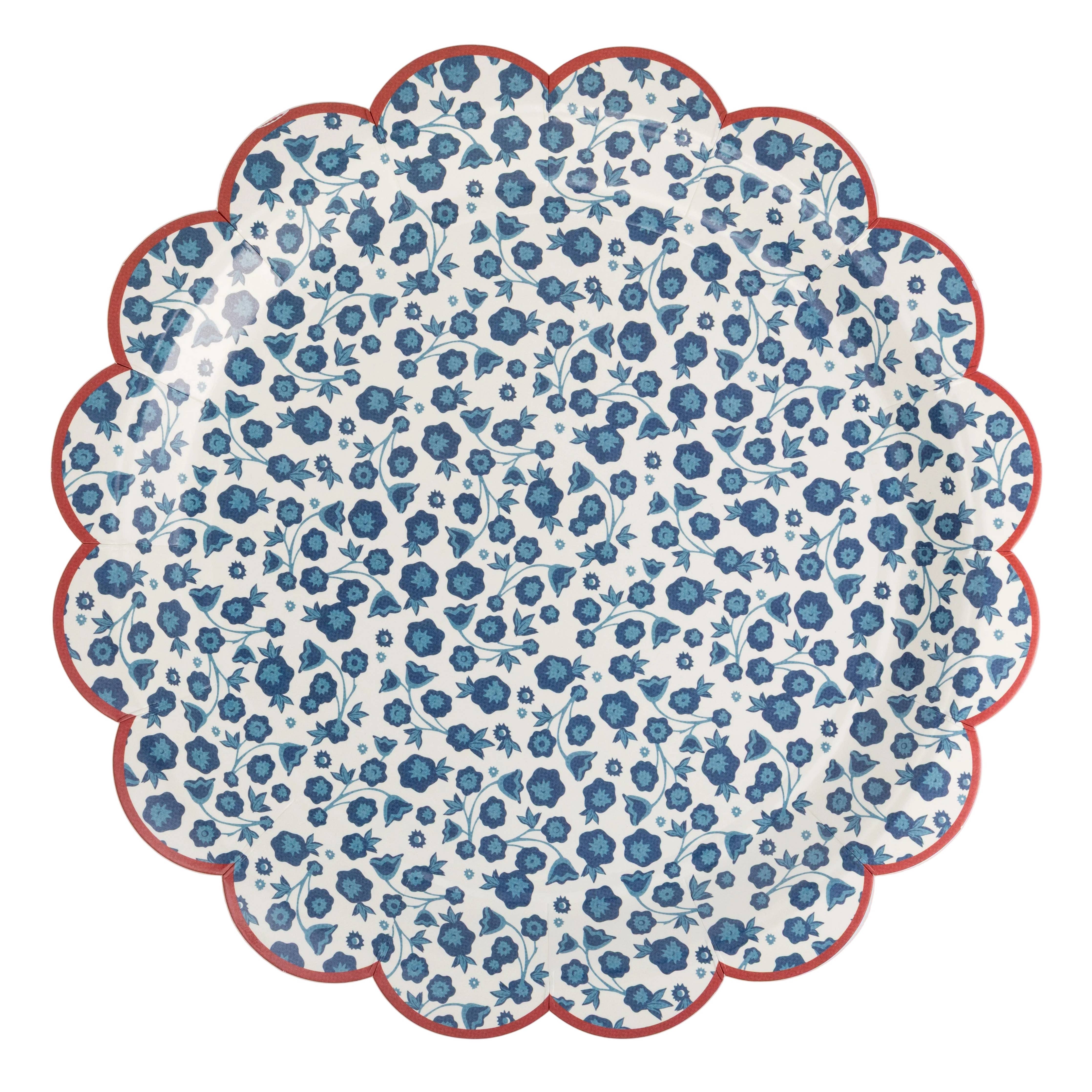 Single blue ditsy floral scalloped paper plate showing indigo floral pattern on cream base with red scalloped rim on white background