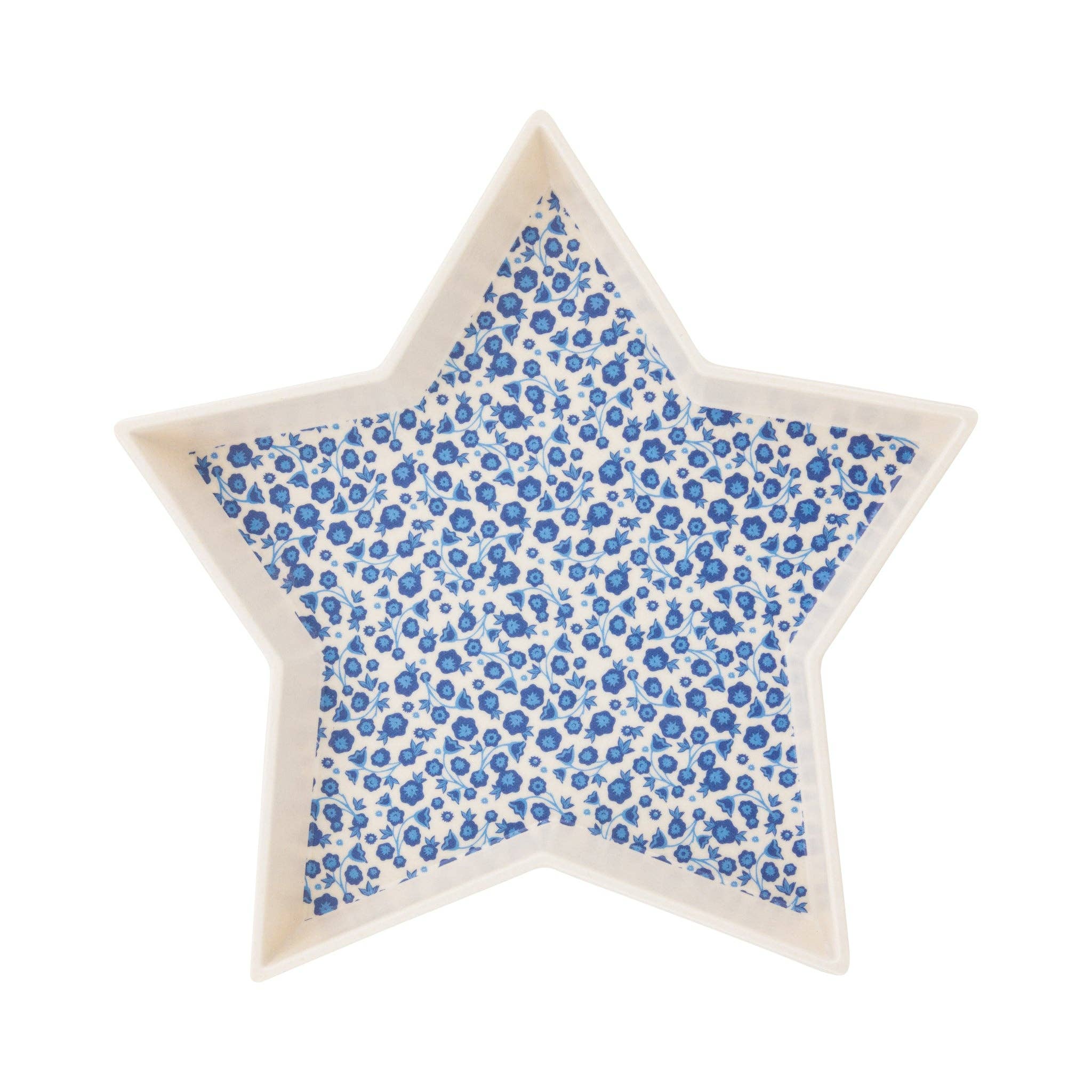 Blue ditsy floral star shaped bamboo tray product shot on white background