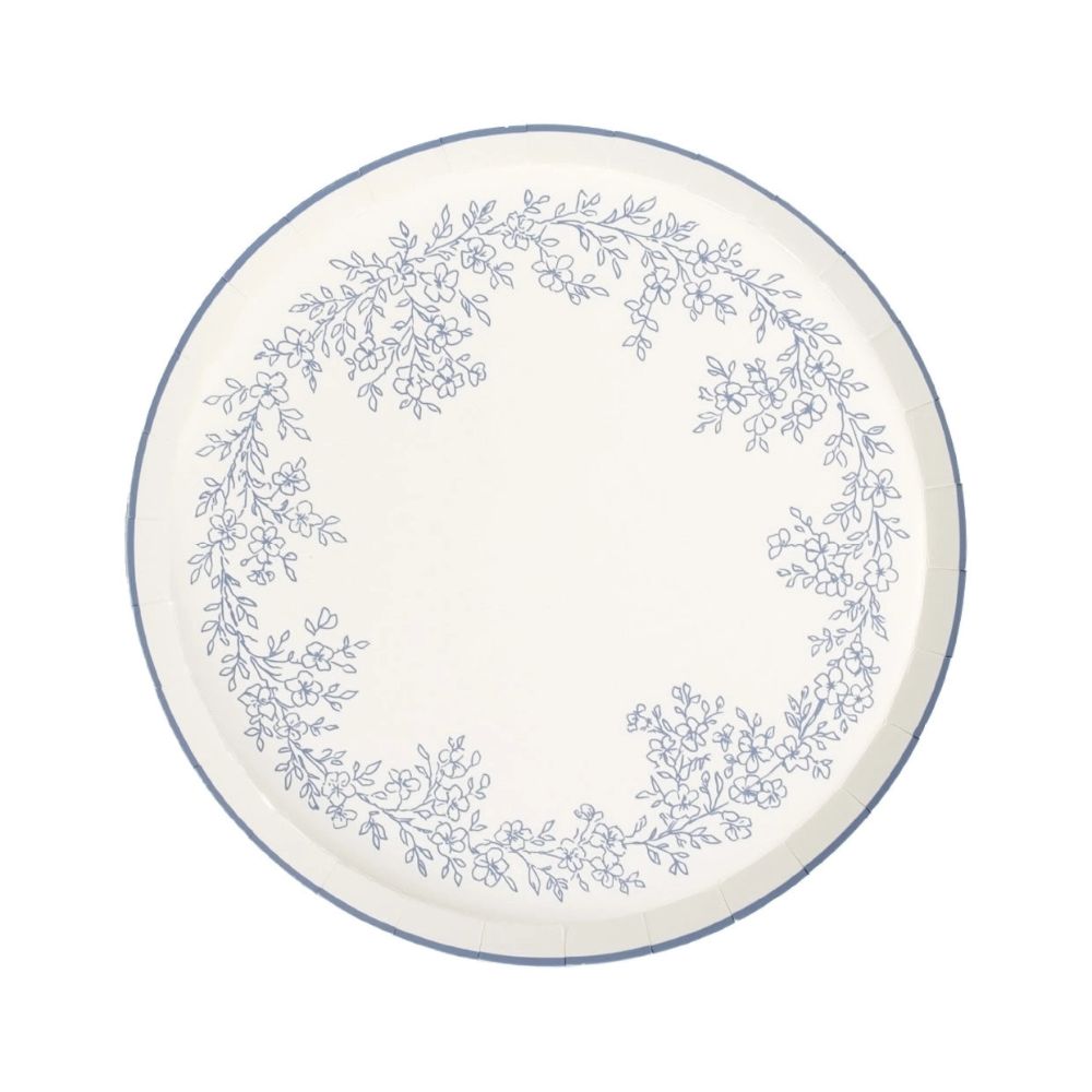 blue floral dessert plate with botanical wreath
