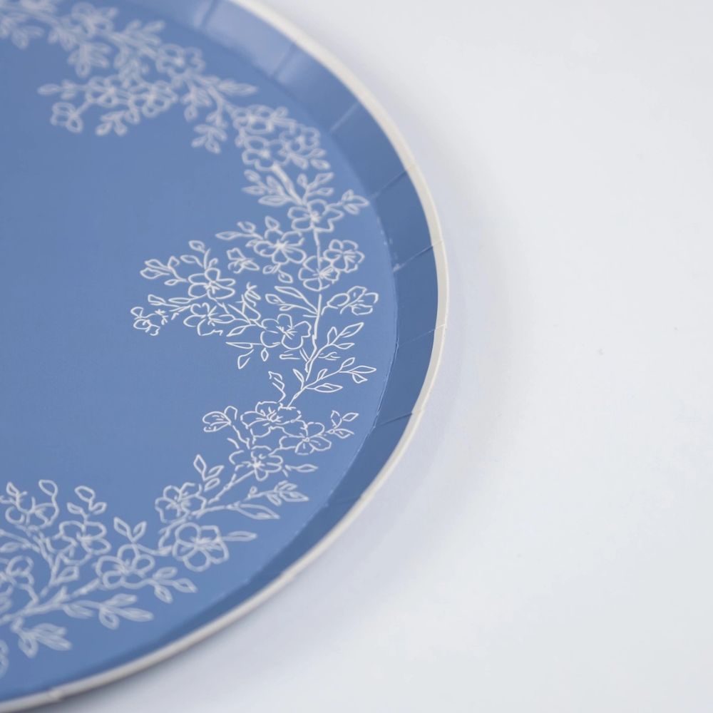 Blue floral paper plate closeup