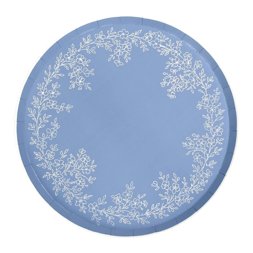 Blue floral dinner plate with dusty blue border and white botanical wreath.
