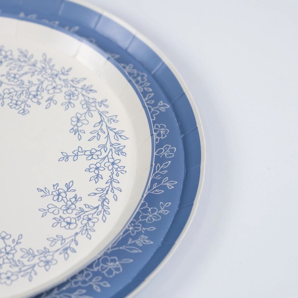 Stacked blue floral dinner plate and dessert plate closeup