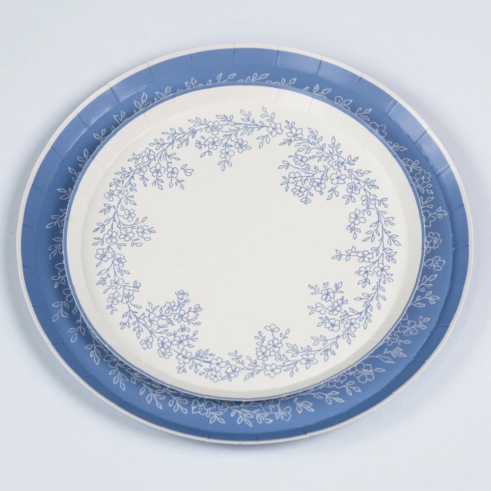 Stacked blue floral dinner plate and dessert plate