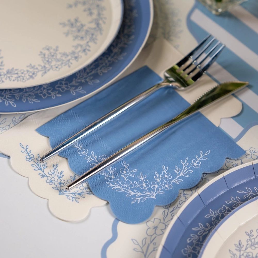 blue floral paper napkins place setting

