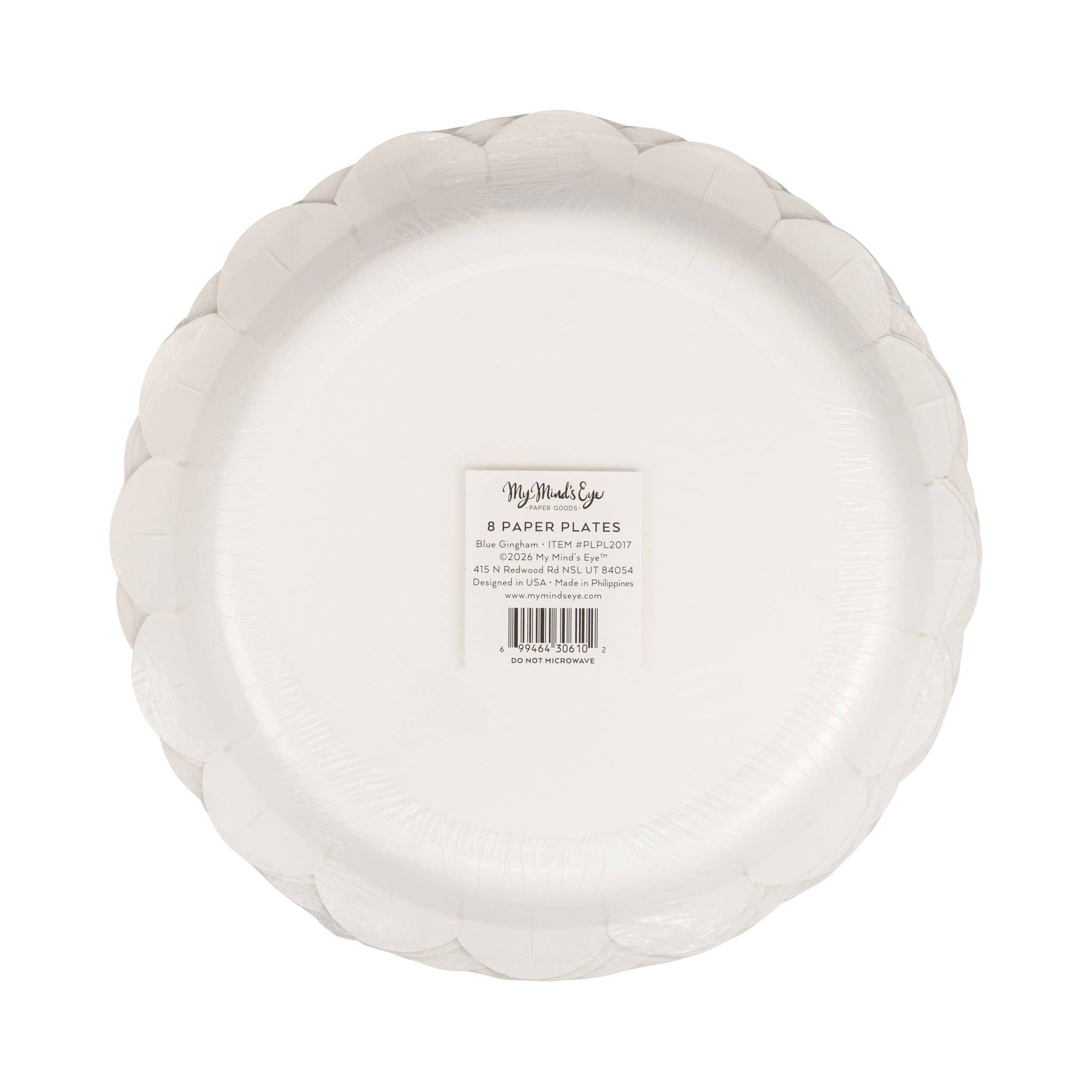 The back of the My Mind's Eye retail packaging for 8 Blue Gingham Pattern plates showing the item number and dimensions.