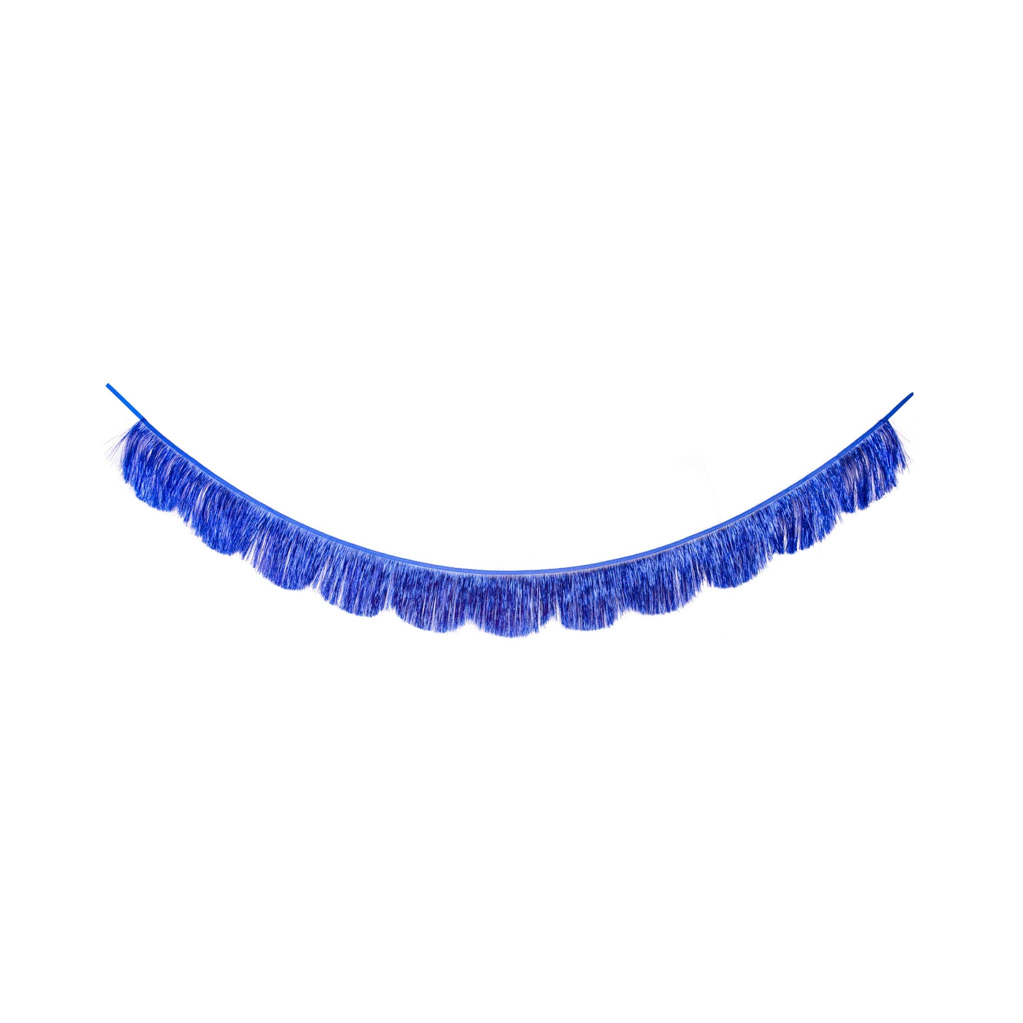 Blue metallic mylar fringe banner with scalloped edge hung in a swag against a white background