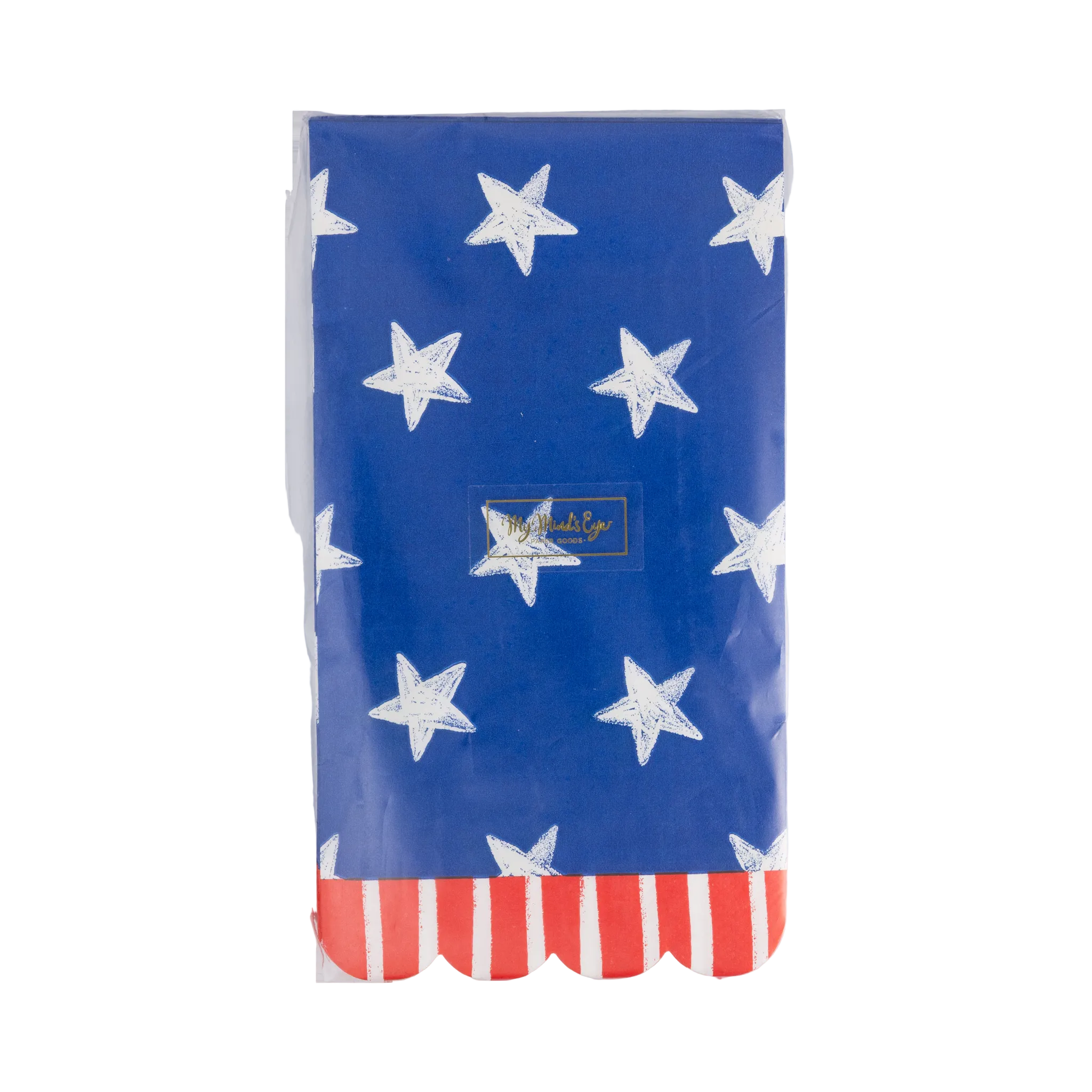 Front of packaging for blue star scalloped paper guest towel napkins with cream stars on blue background and red and cream striped scalloped edge