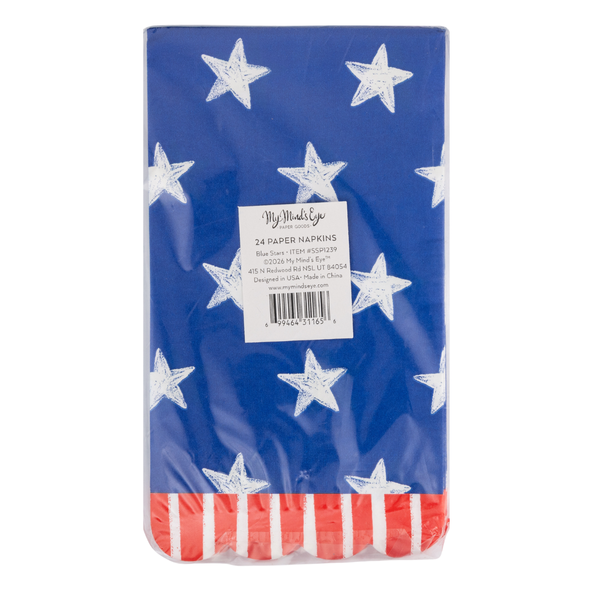 Back of packaging for blue star paper guest towel napkins showing label with product details, 24 count, blue background with white stars and red striped border along the bottom