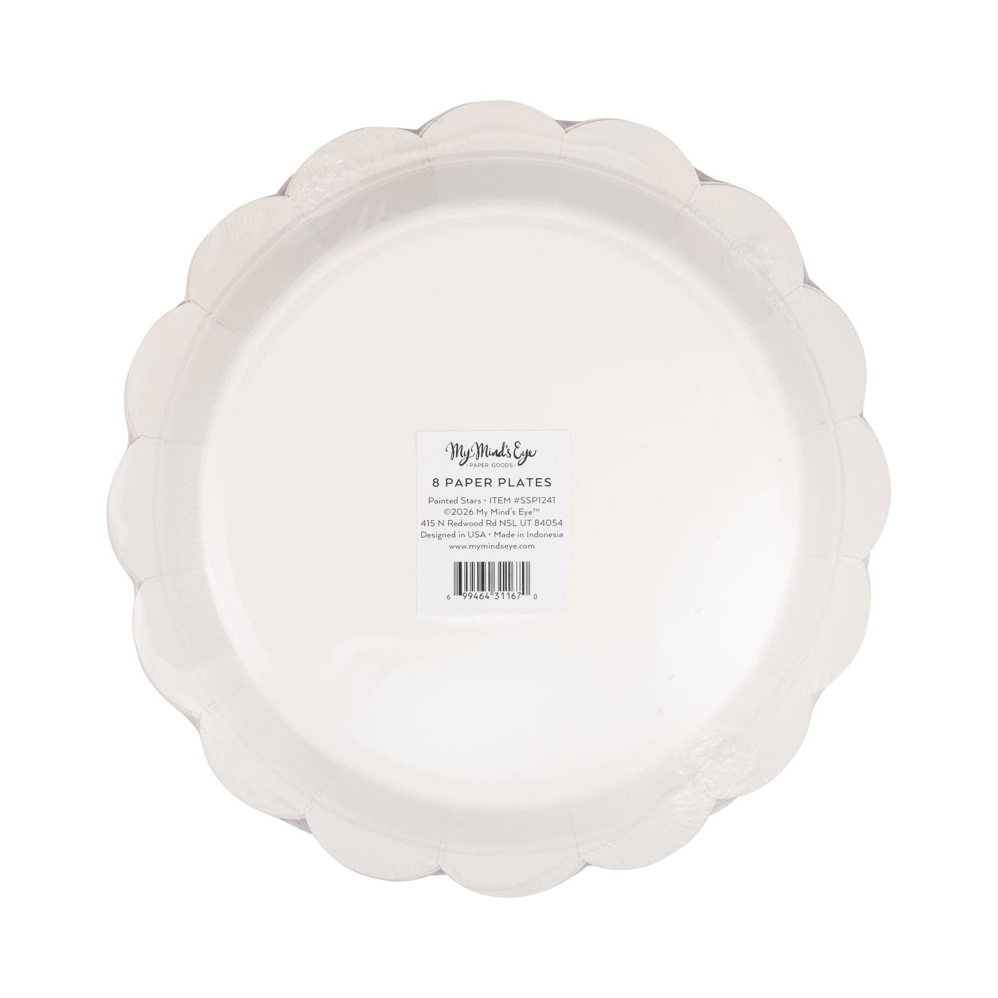Back of packaging for blue star scalloped paper plates showing cream scalloped plate with product label and 8 count