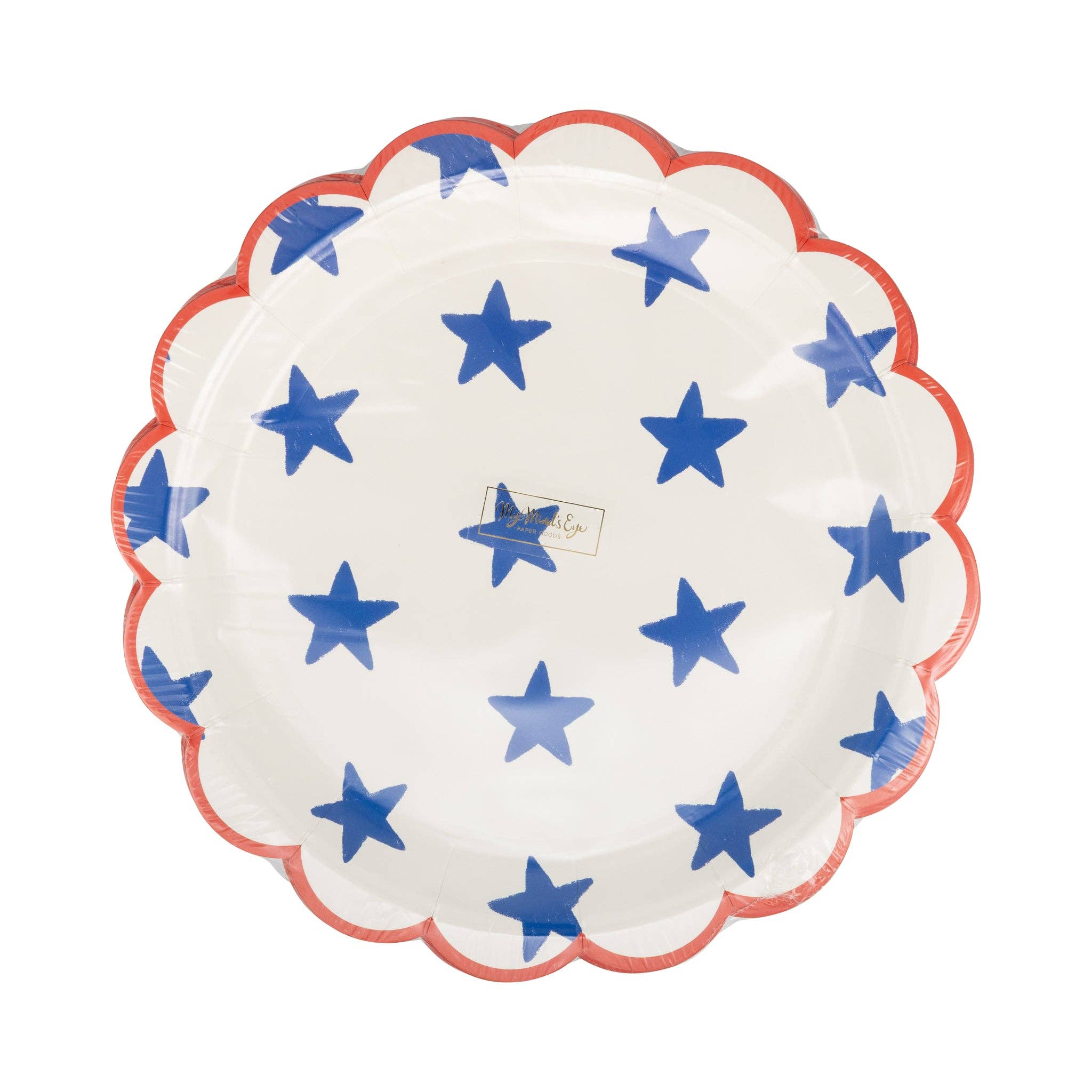 Front of packaging for blue star scalloped paper plates in cellophane showing hand-painted blue stars on cream background with red scalloped border