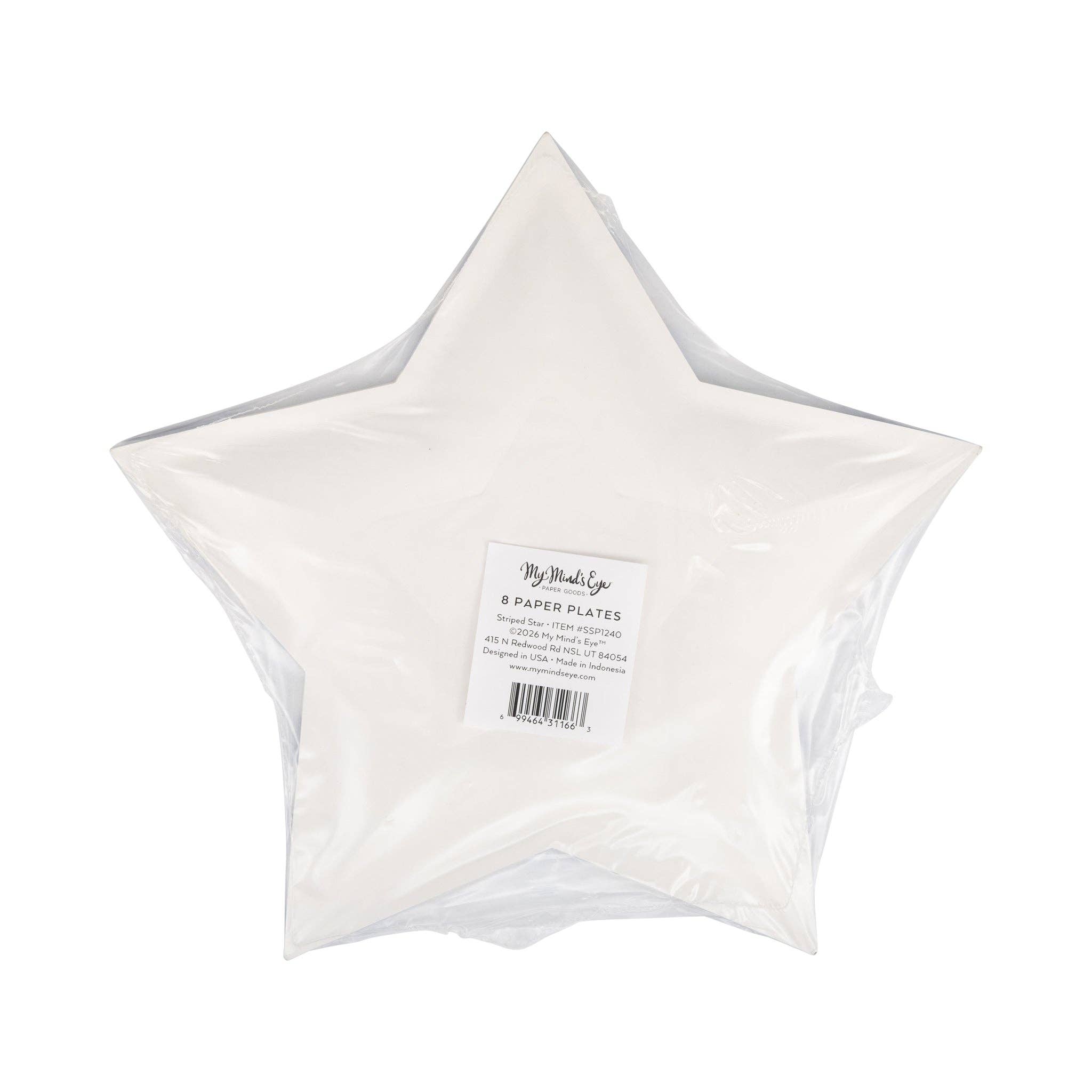 Back of packaging for blue striped star shaped paper plates showing product label with 8 count and item details on cream-colored star plate