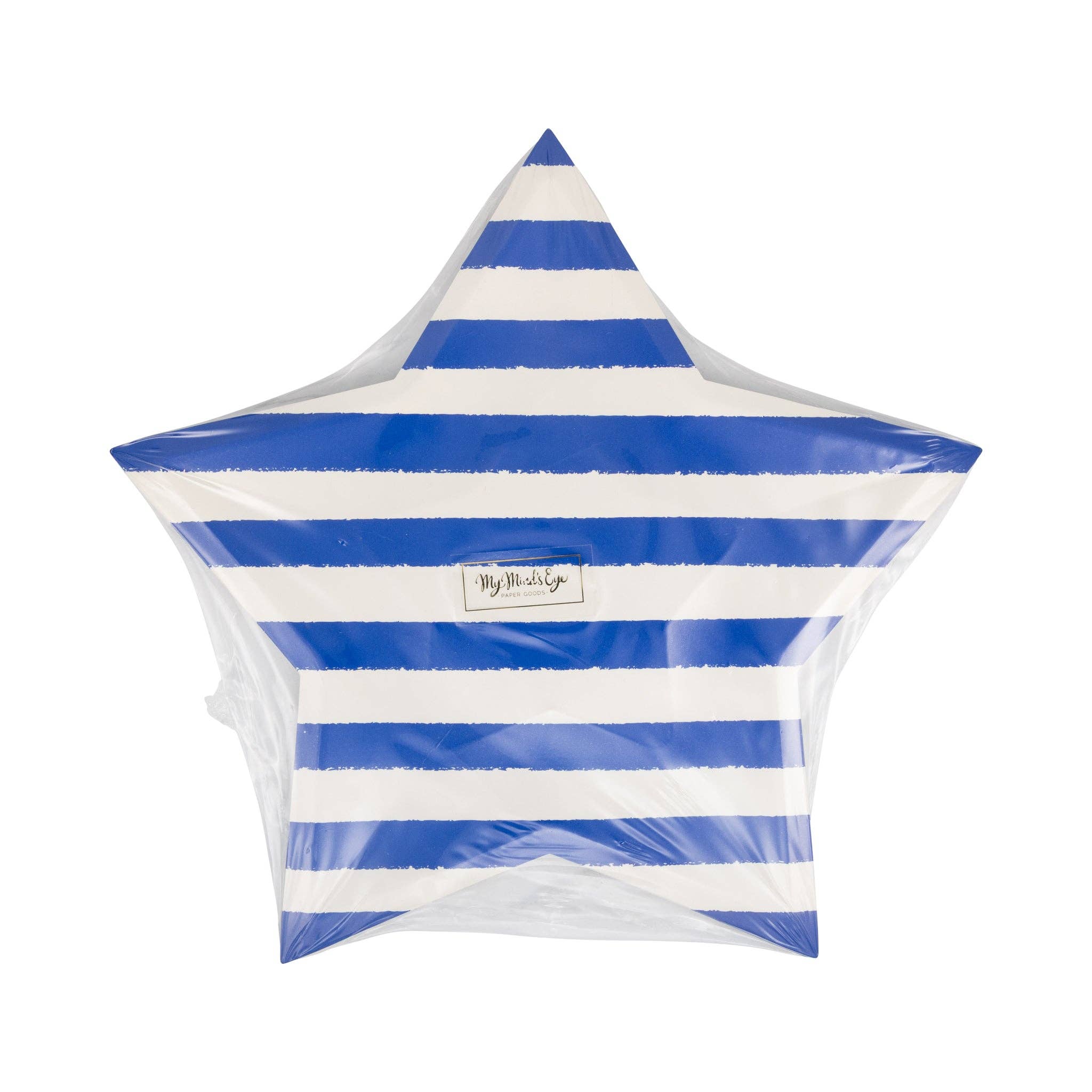 Front of packaging for blue and cream striped star shaped paper plates in cellophane wrap showing horizontal blue stripe design