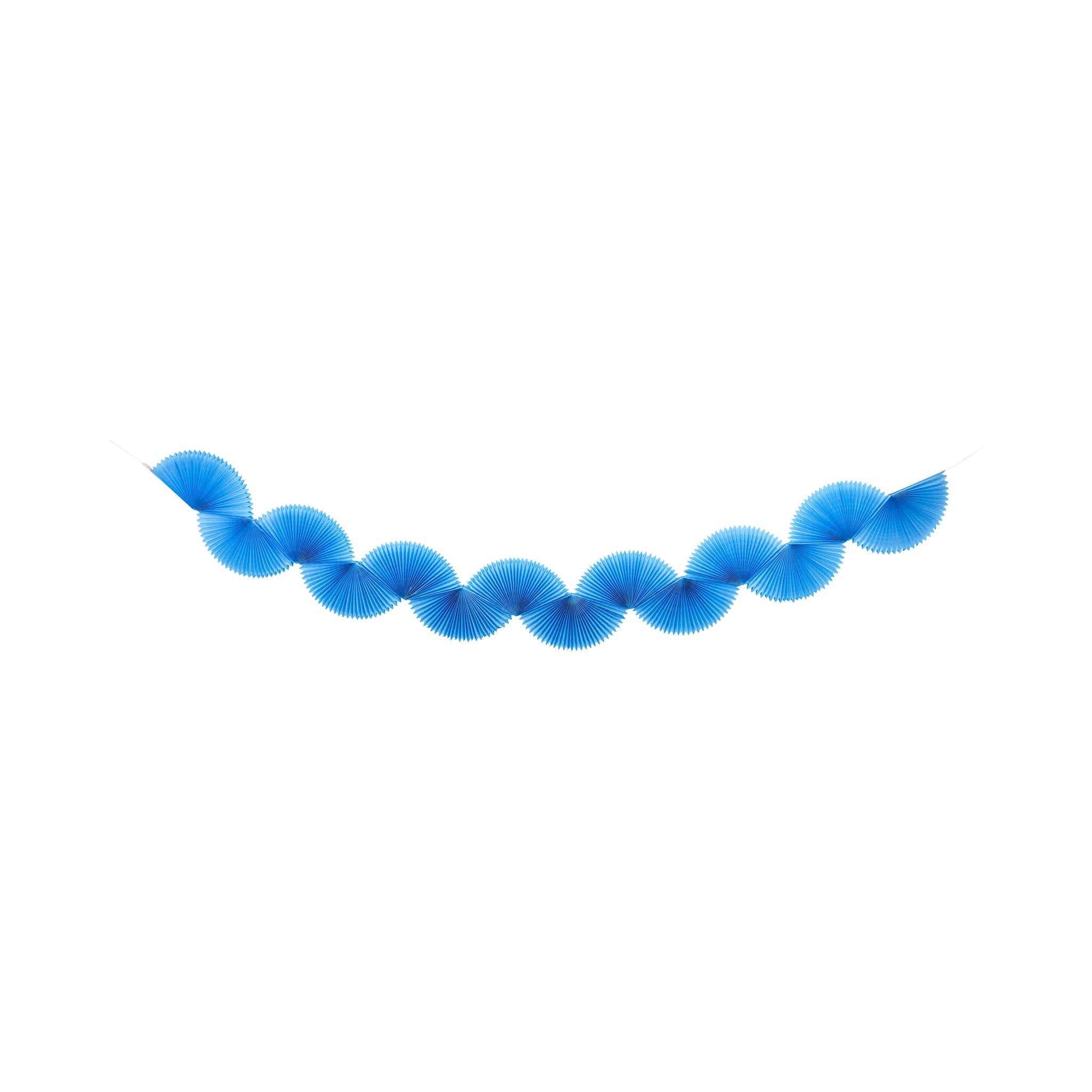 Blue tissue bunting banner with accordion-style fans on white background
