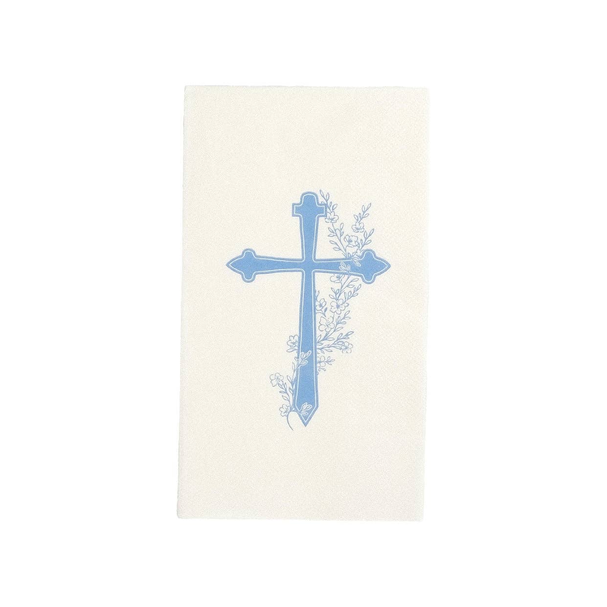 A single white guest towel with a light blue cross and floral sprigs for a Storybook Boy Baptism.