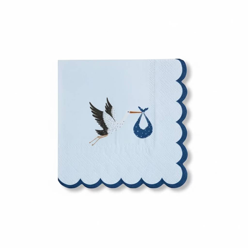Single light blue cocktail napkin with a navy scalloped edge and stork illustration