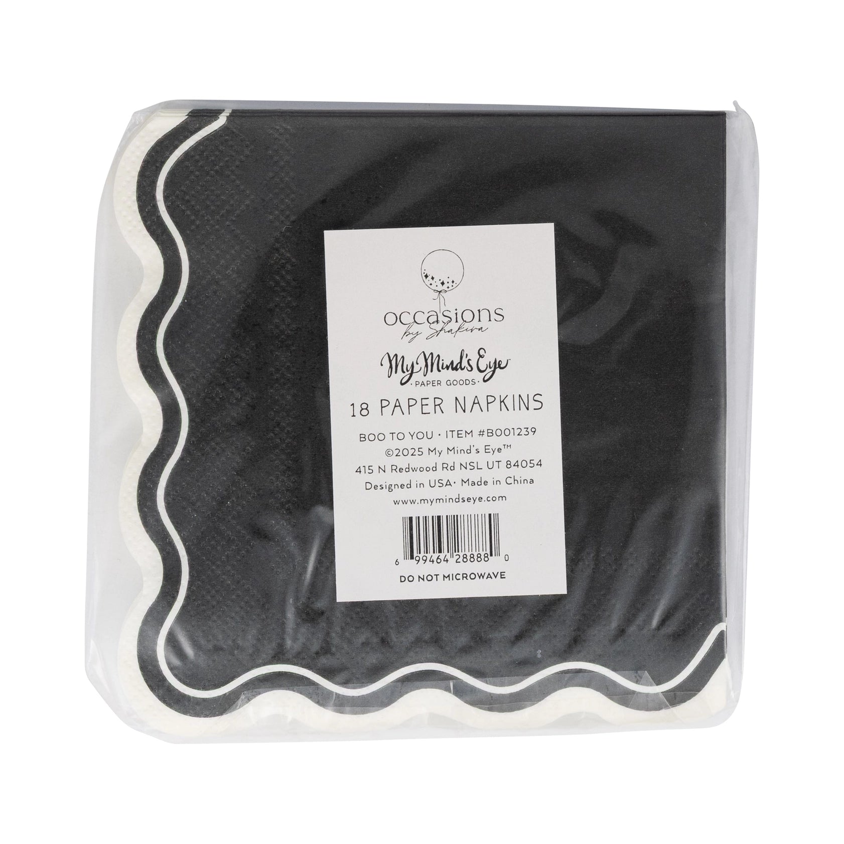 Back of sealed pack showing product label on black scalloped Halloween napkins