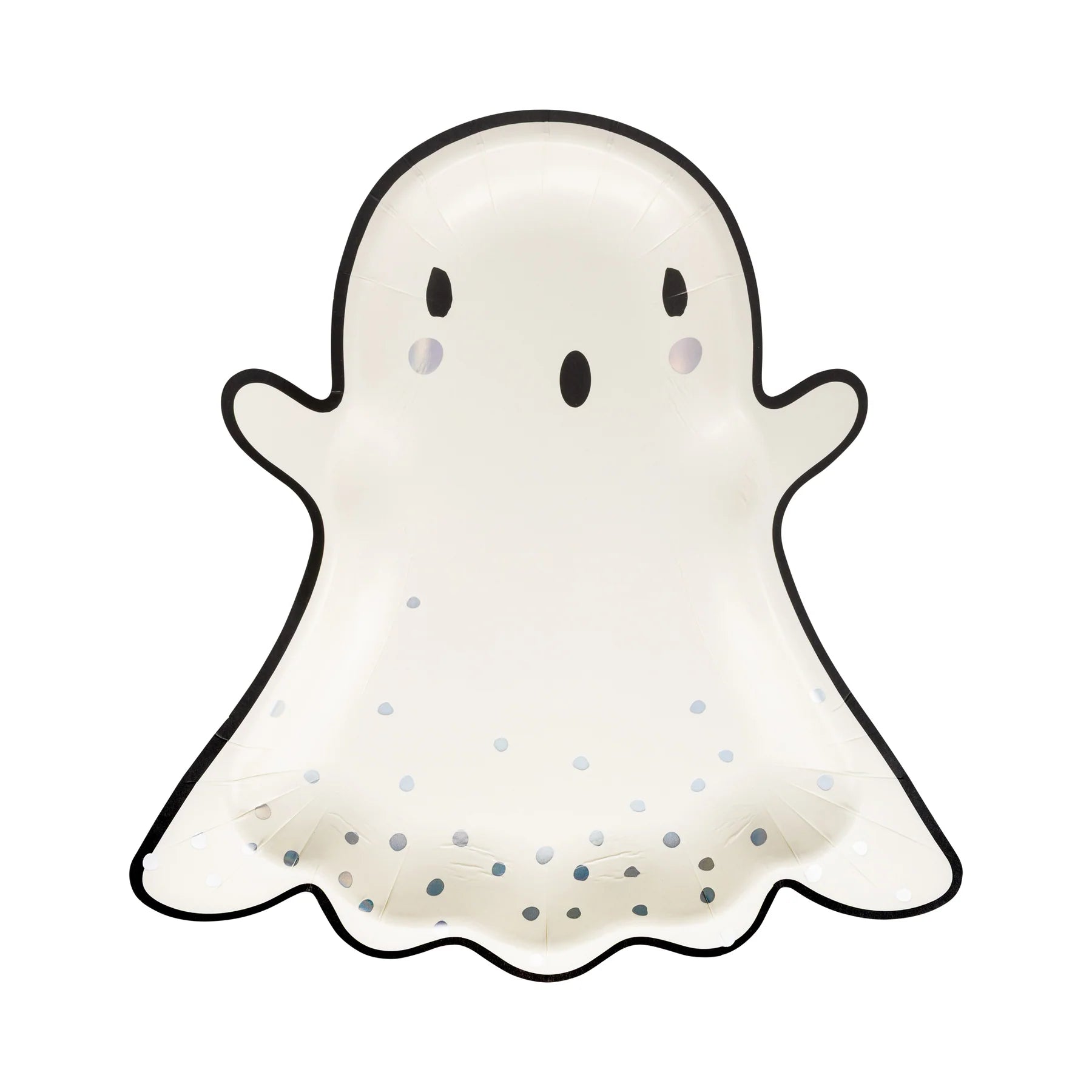 Isolated ghost-shaped Halloween plate on white background with subtle holographic confetti border.