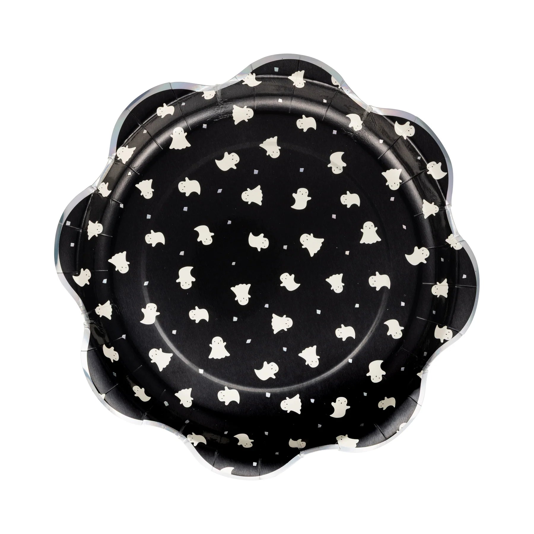 Isolated hero shot of single 10-inch Boo Ghost Scatter plate on pure-white background. Eight-petal scallop rim edged in subtle holographic foil; deep black center sprinkled with dozens of cute ivory ghosts drifting among reflective confetti, evoking starlit sky. Slight drop shadow shows rigid 400 gsm thickness able to hold chili, sandwiches, or cupcakes without sagging. High-resolution image showcases pattern density, foil sheen, and playful design perfect for mix-and-match Halloween party setups.