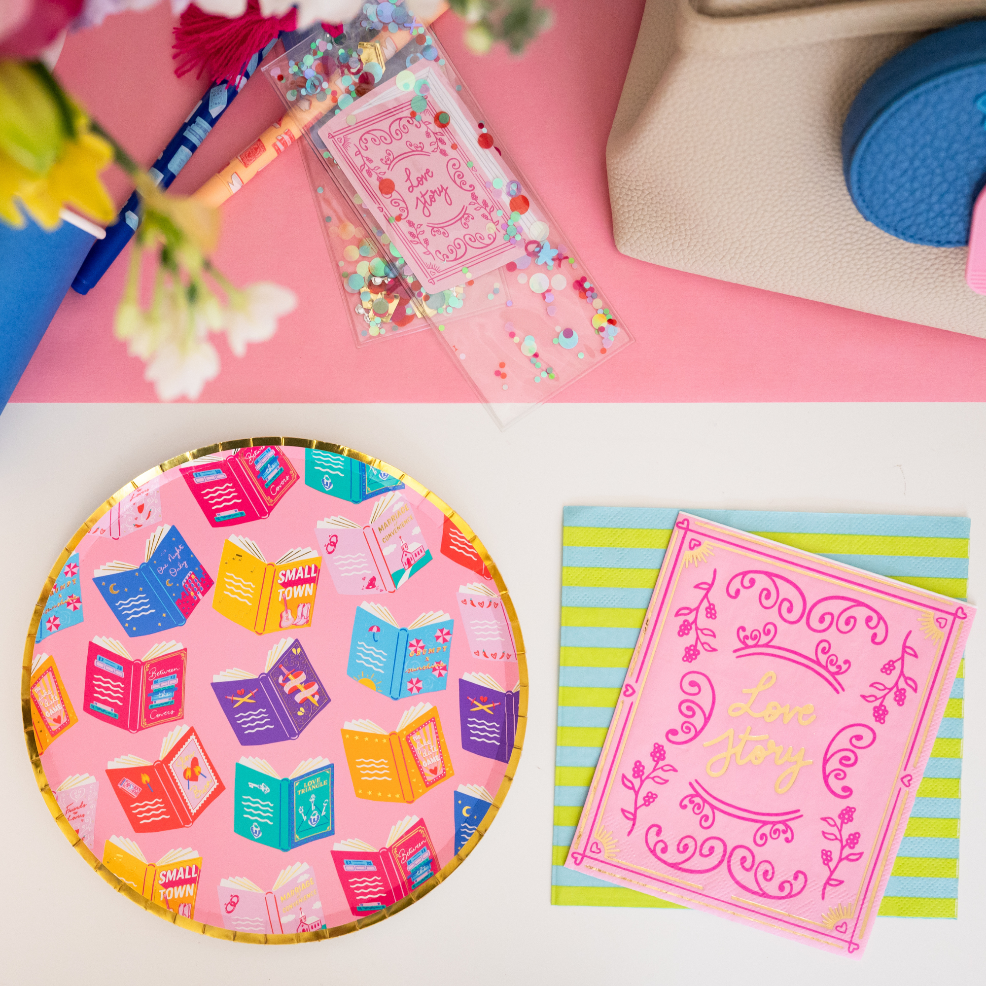 book themed party plate with love story napkins and decor
