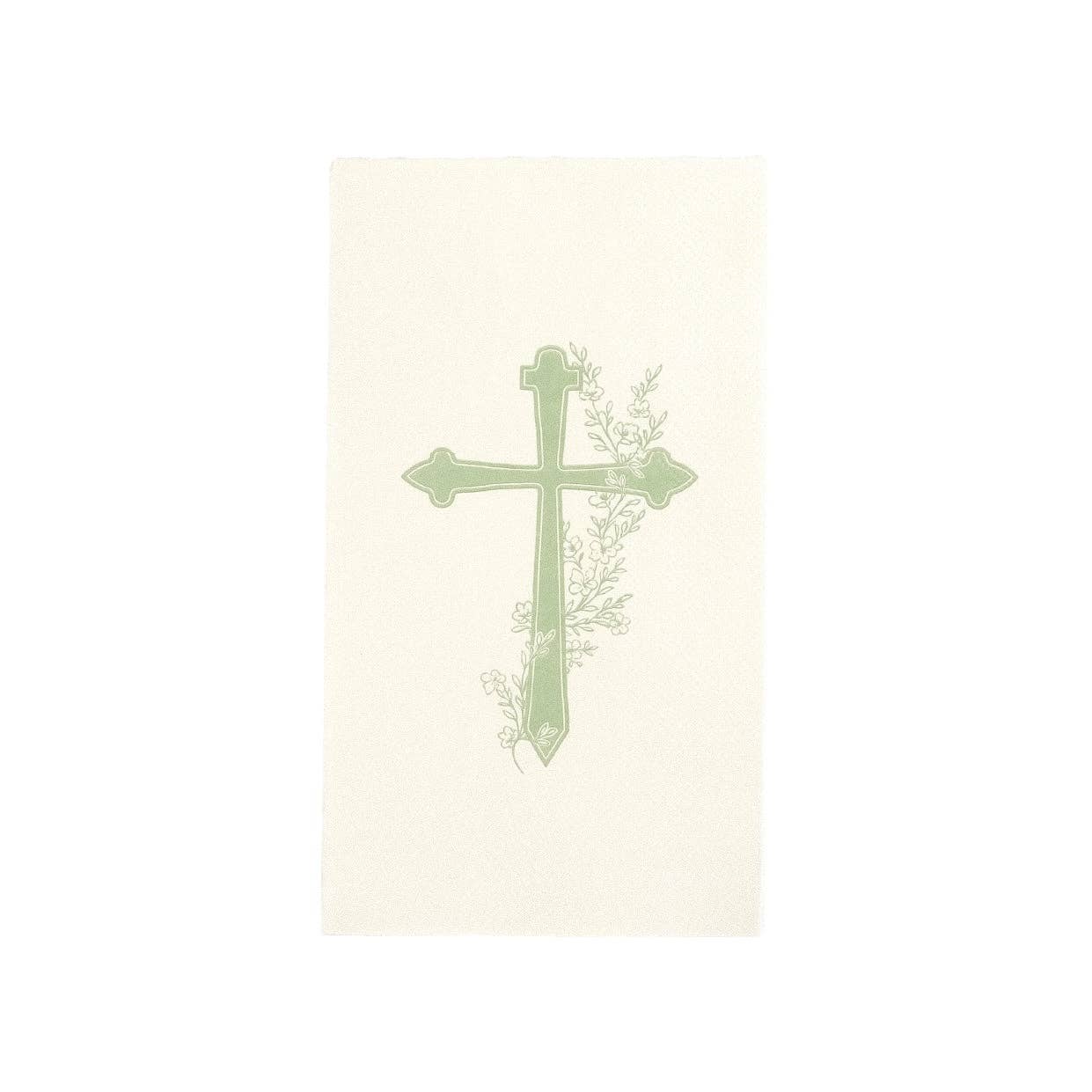 A single white guest towel featuring a sage green cross with delicate hand-painted style floral sprigs.