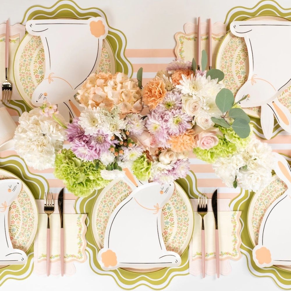 botanical plates styled with bunny decor for spring table.