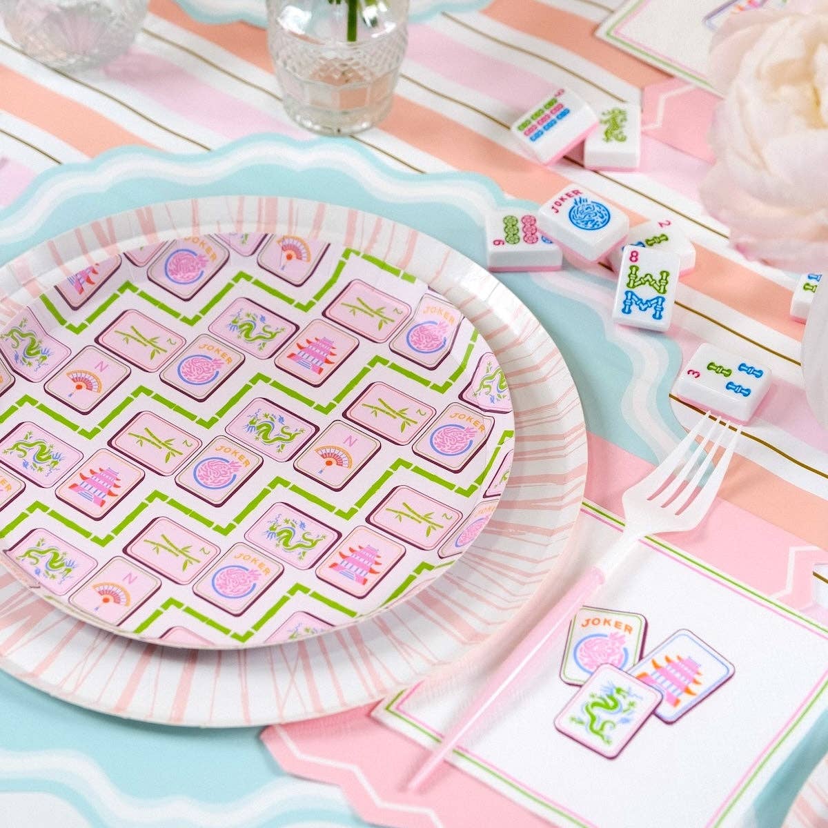 Mahjong Dessert Plates styled with tiles and a pink fork for a social Ladies Social Club lunch.
