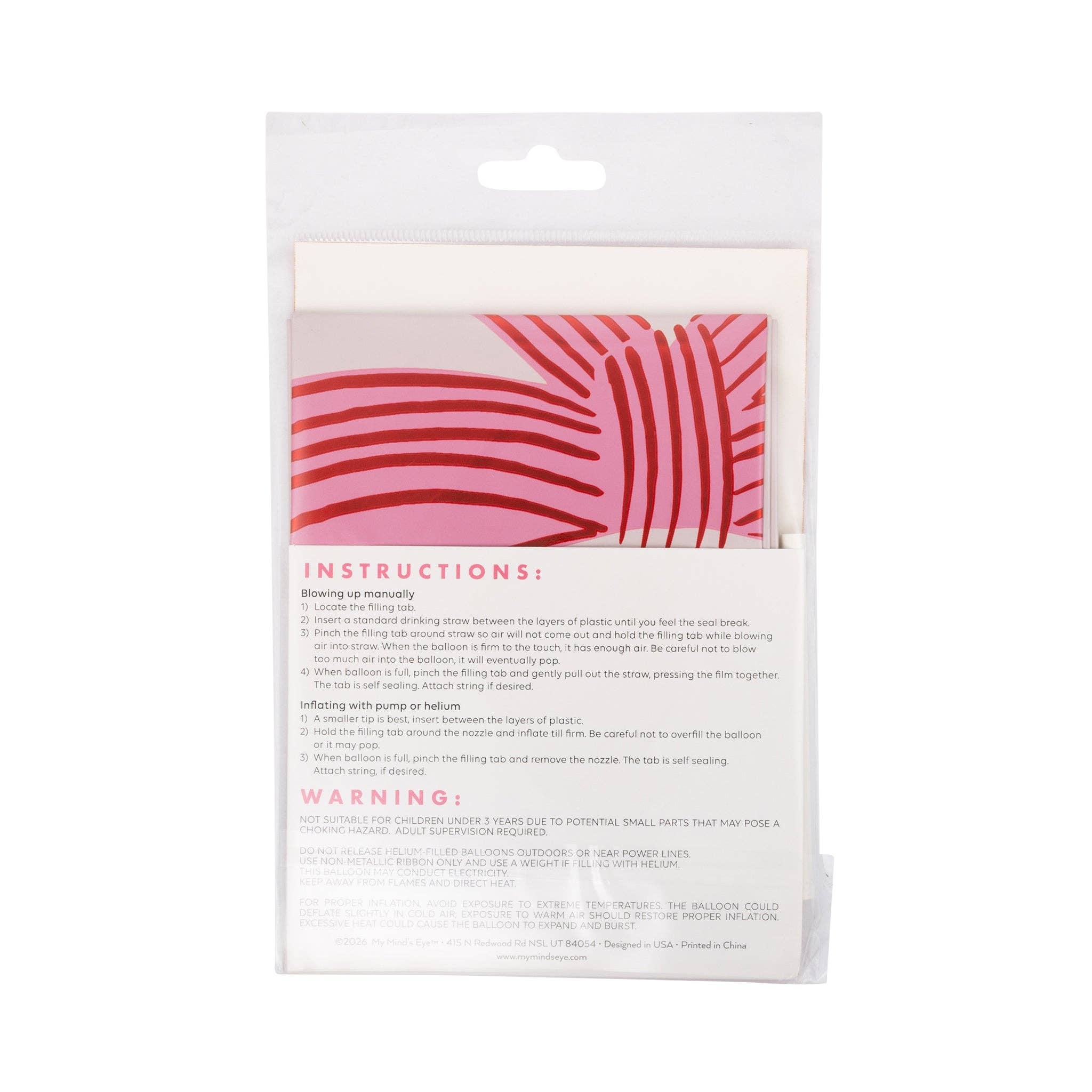 Back of bow heart mylar balloon packaging with inflation instructions