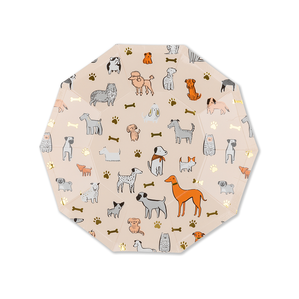 Neutral dog birthday party small plate with assorted puppy illustrations and gold foil accents