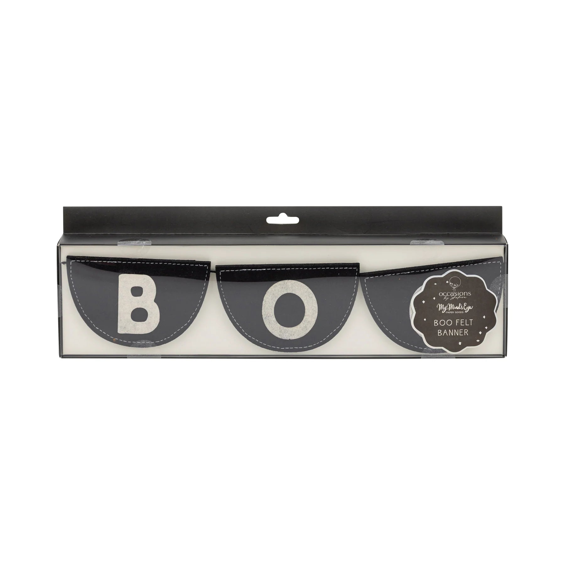 Close-up of retail display box containing Boo felt banner. Transparent window reveals three stacked black pennants—B, O, B—showing half-moon shape, clean white stitching and chunky serif lettering. Hang-tab top signals easy peg-wall merchandising; matte packaging suggests boutique quality. Perfect for e-commerce zoom, this image highlights texture, color accuracy and gift-worthy presentation for shoppers seeking premium Halloween banner décor.