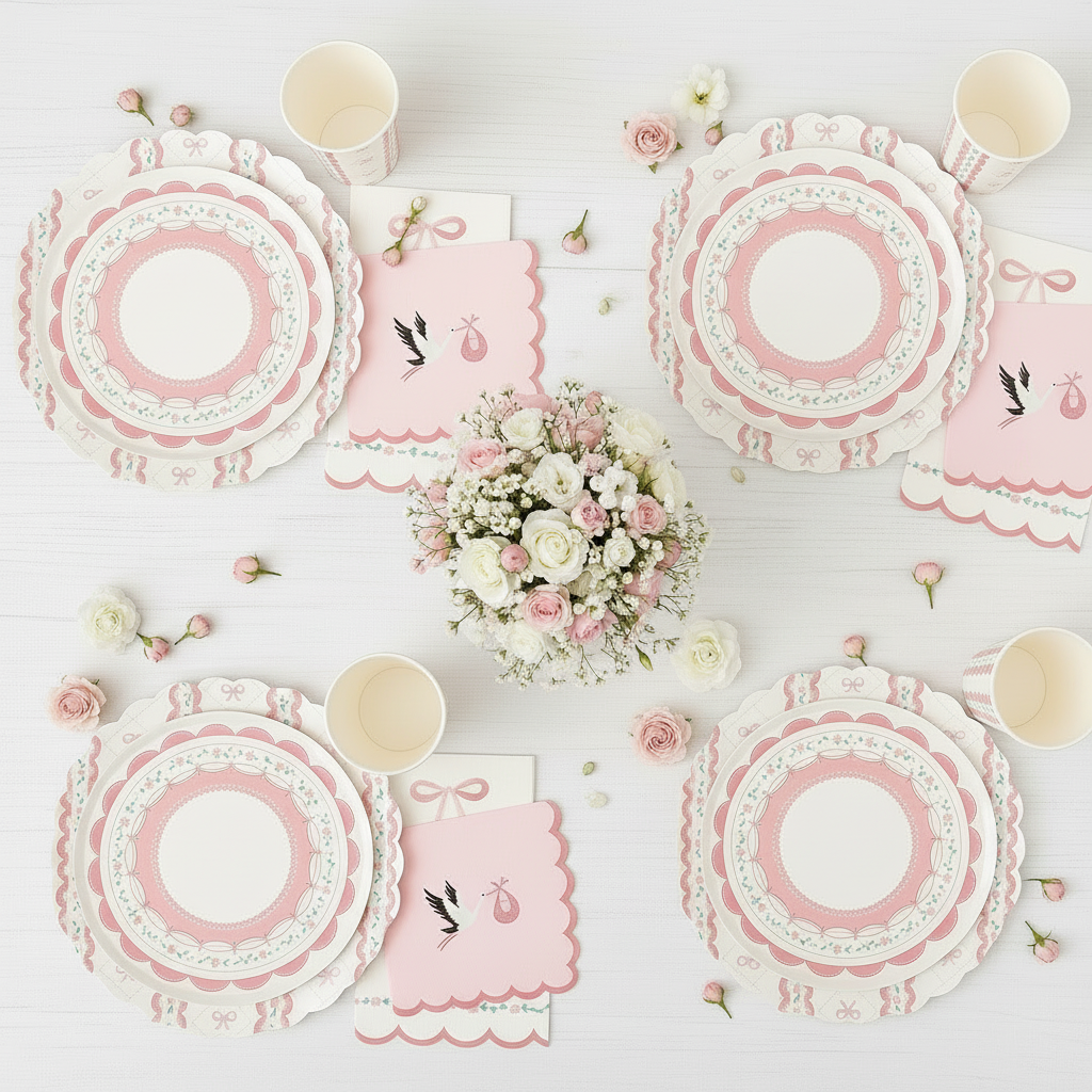 Overhead view of four party place settings with pink bow cups and flowers